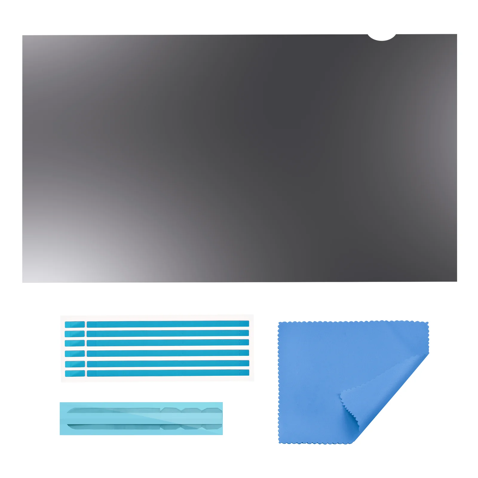 Vue éclatée du filtre avec ses accessoires inclus, panneau gris foncé 16/9 avec encoche, bandes adhésives bleues, languette adhésive et chiffon de nettoyage bleu