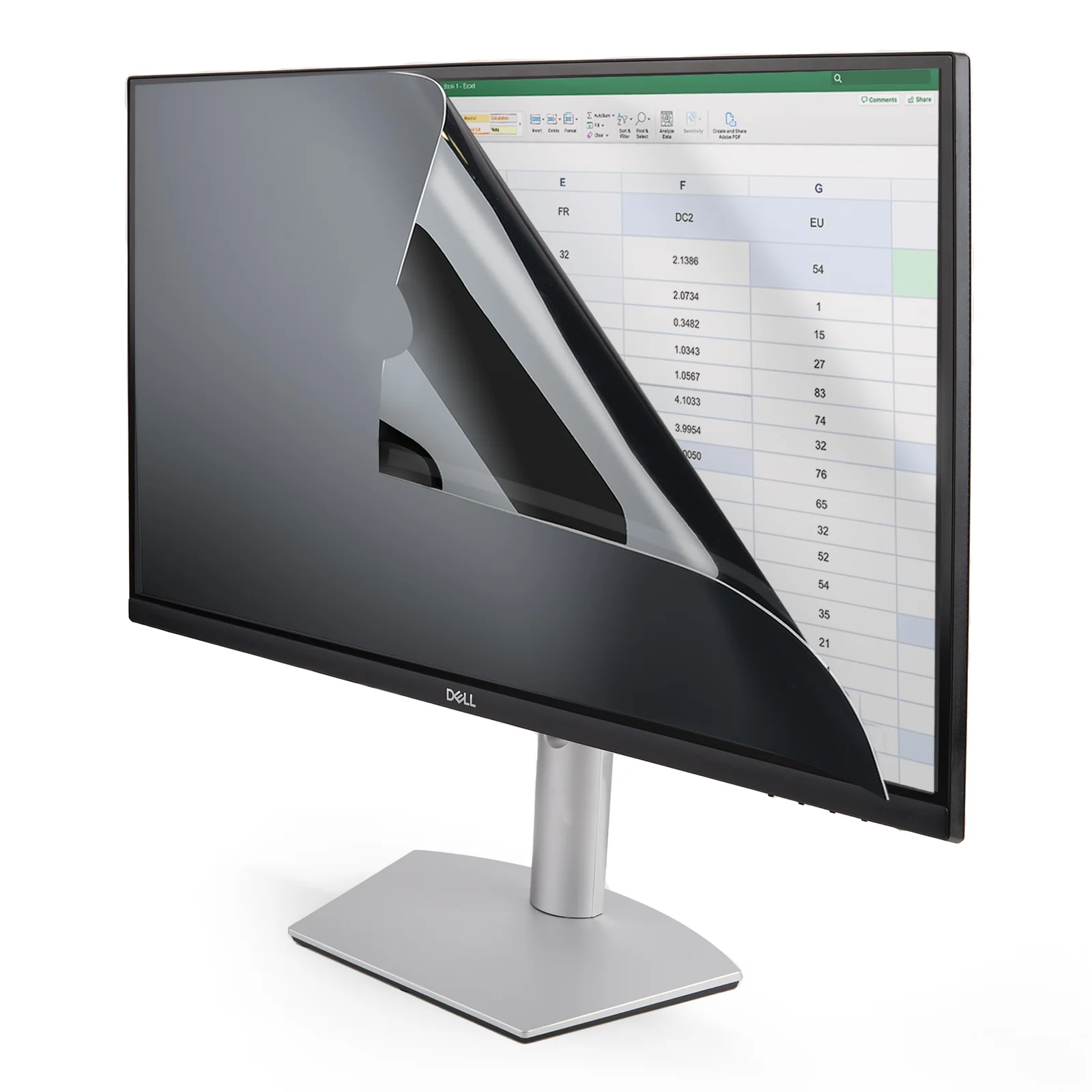 Filtre de confidentialité en cours de décollement depuis le coin supérieur gauche d'un moniteur Dell, révélant le tableau Excel en dessous, vue de trois quarts