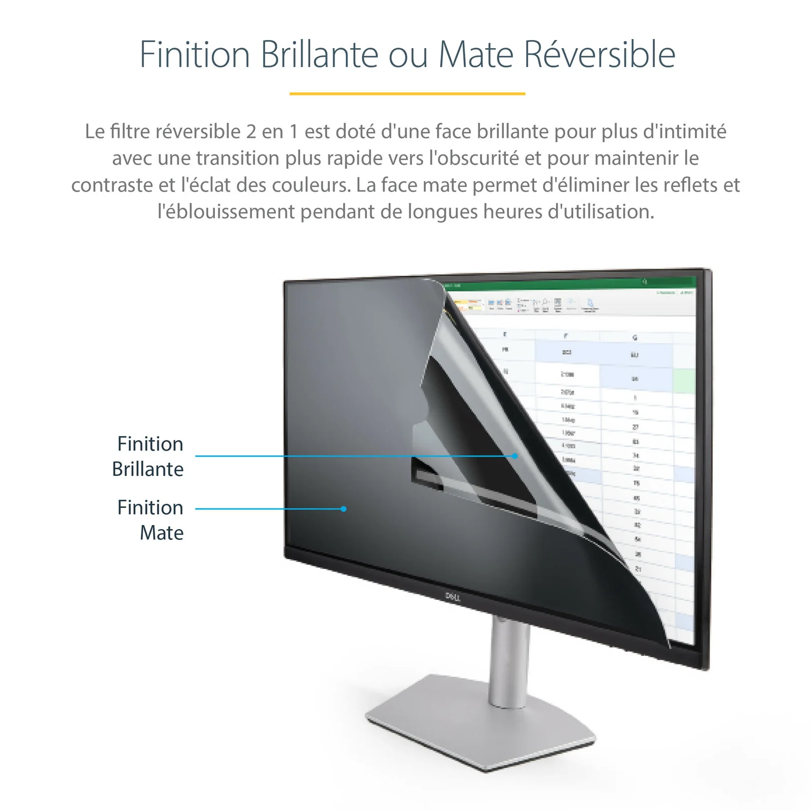 Schéma annoté montrant le filtre se décollant d'un moniteur Dell avec légendes indiquant les faces brillante et mate du filtre réversible