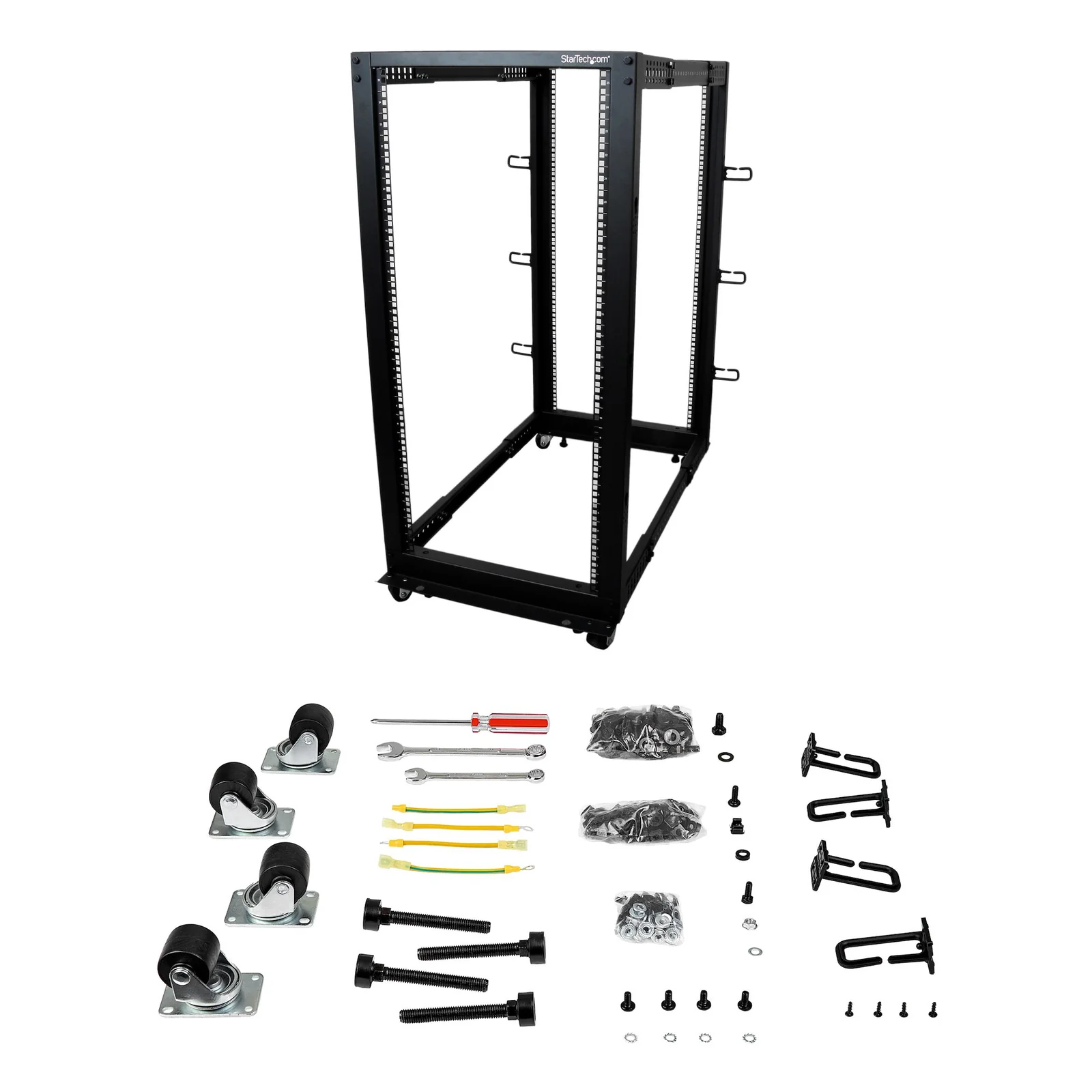 StarTech.com Rack Serveur Mobile 25U 4 Poteaux, Rack Réseau 19" 4 Poteaux avec Roulettes, Rack Roulant avec Profondeur Ajustable pour PC/AV/Données/Informatique - Roulettes, Pieds de nivellement ou Fixation au Sol