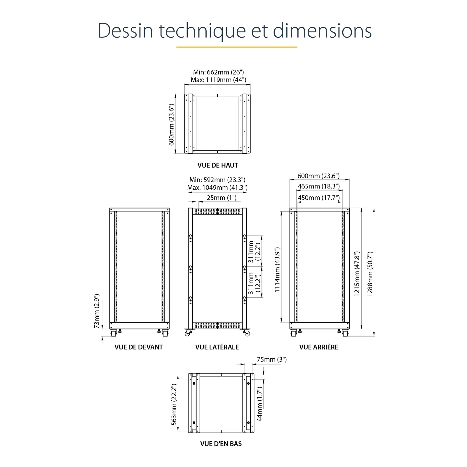 StarTech.com Rack Serveur Mobile 25U 4 Poteaux, Rack Réseau 19" 4 Poteaux avec Roulettes, Rack Roulant avec Profondeur Ajustable pour PC/AV/Données/Informatique - Roulettes, Pieds de nivellement ou Fixation au Sol