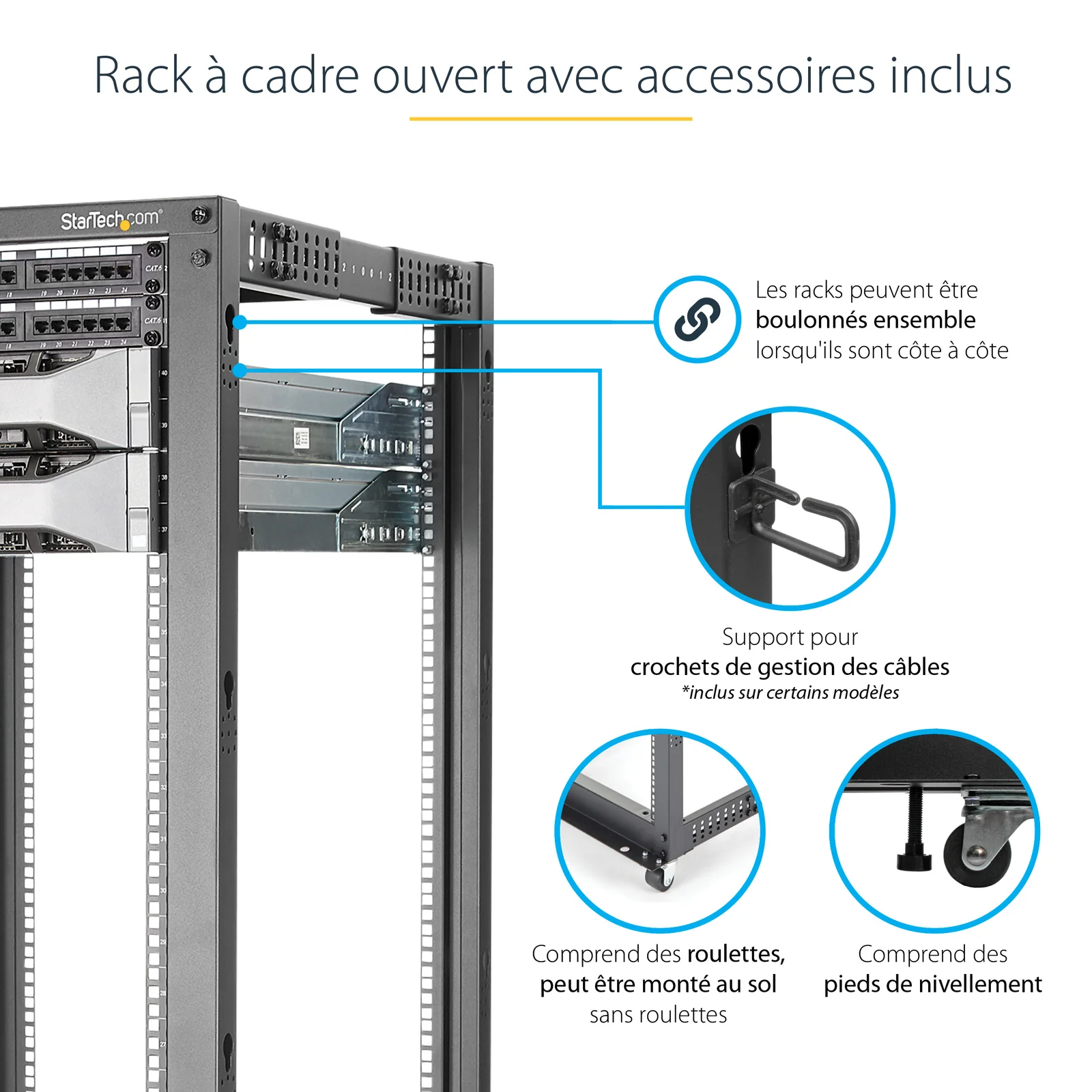 StarTech.com Rack Serveur Mobile 25U 4 Poteaux, Rack Réseau 19" 4 Poteaux avec Roulettes, Rack Roulant avec Profondeur Ajustable pour PC/AV/Données/Informatique - Roulettes, Pieds de nivellement ou Fixation au Sol