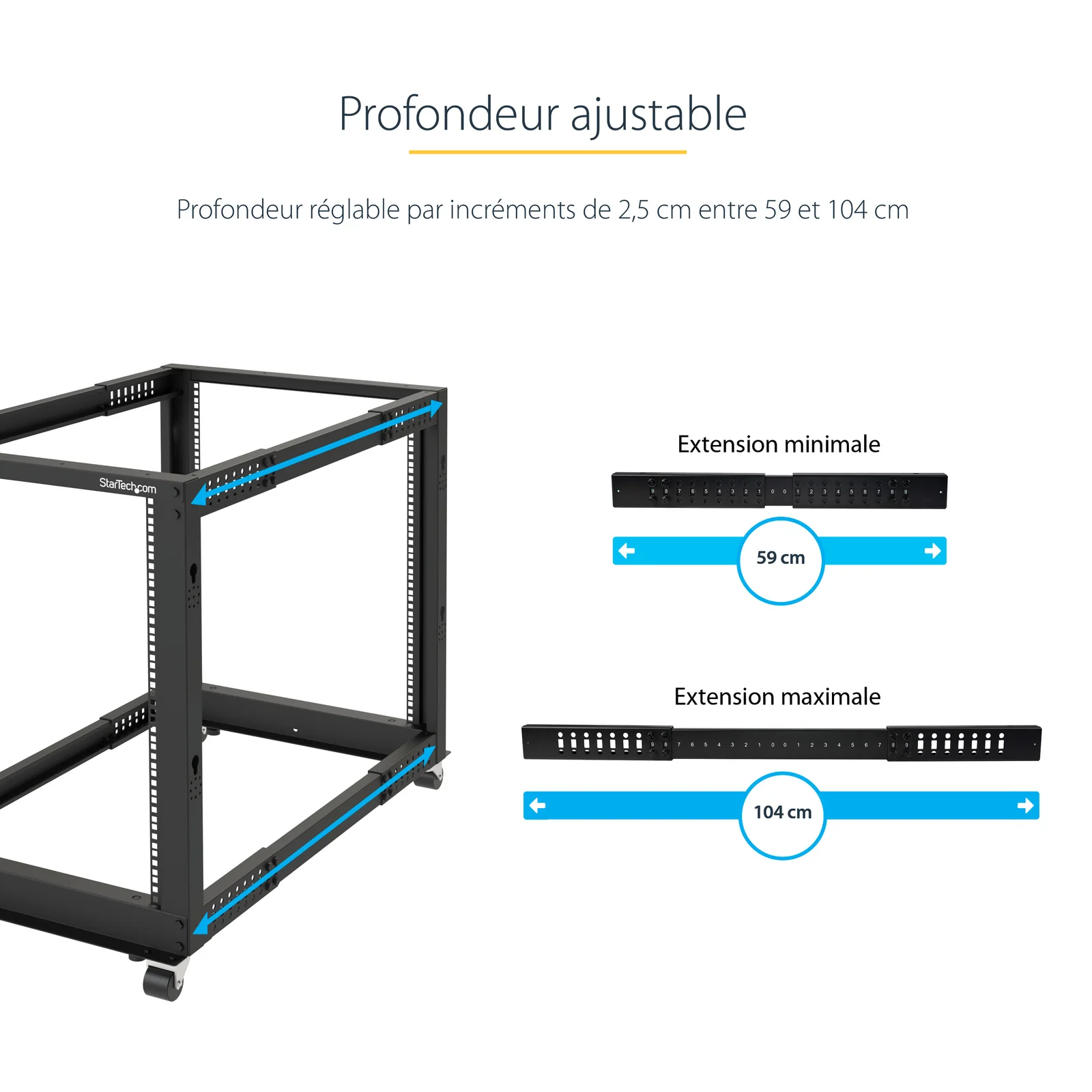 StarTech.com Rack Serveur Mobile 25U 4 Poteaux, Rack Réseau 19" 4 Poteaux avec Roulettes, Rack Roulant avec Profondeur Ajustable pour PC/AV/Données/Informatique - Roulettes, Pieds de nivellement ou Fixation au Sol