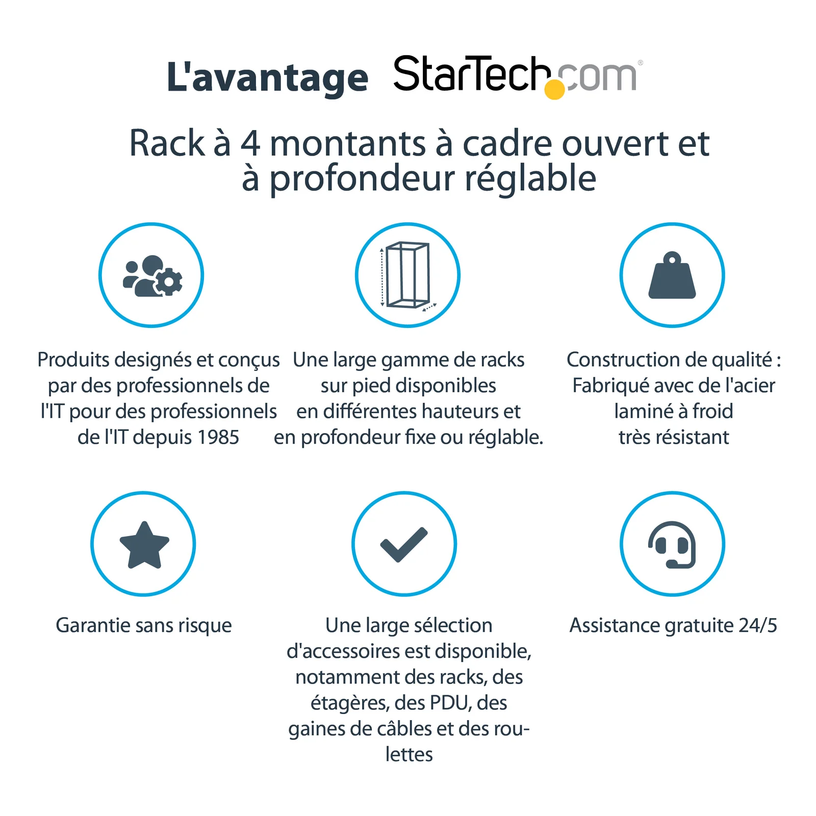 StarTech.com Rack Serveur Mobile 25U 4 Poteaux, Rack Réseau 19" 4 Poteaux avec Roulettes, Rack Roulant avec Profondeur Ajustable pour PC/AV/Données/Informatique - Roulettes, Pieds de nivellement ou Fixation au Sol