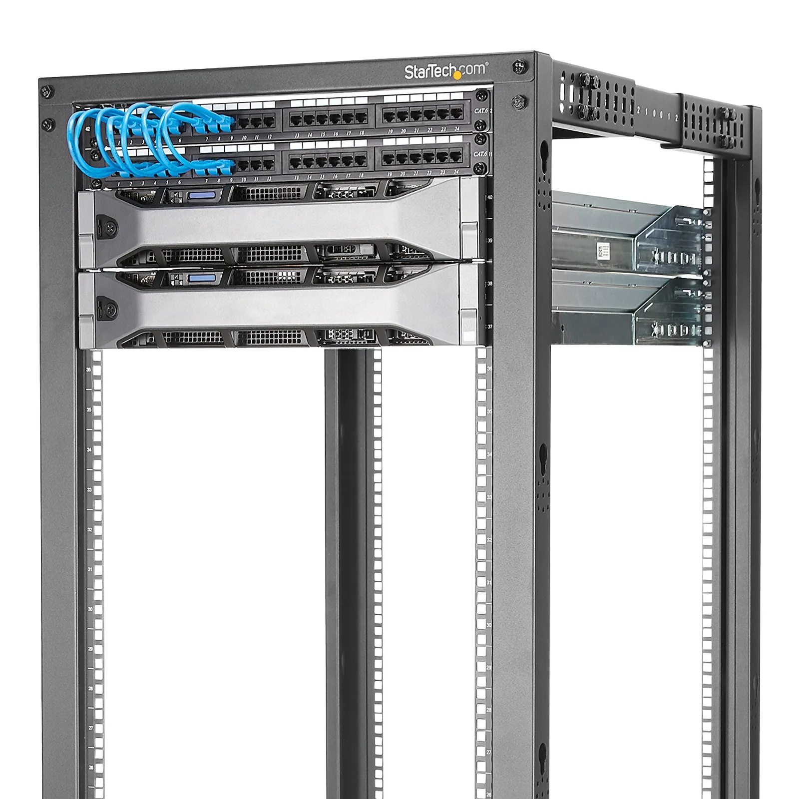 StarTech.com Rack Serveur Mobile 25U 4 Poteaux, Rack Réseau 19" 4 Poteaux avec Roulettes, Rack Roulant avec Profondeur Ajustable pour PC/AV/Données/Informatique - Roulettes, Pieds de nivellement ou Fixation au Sol