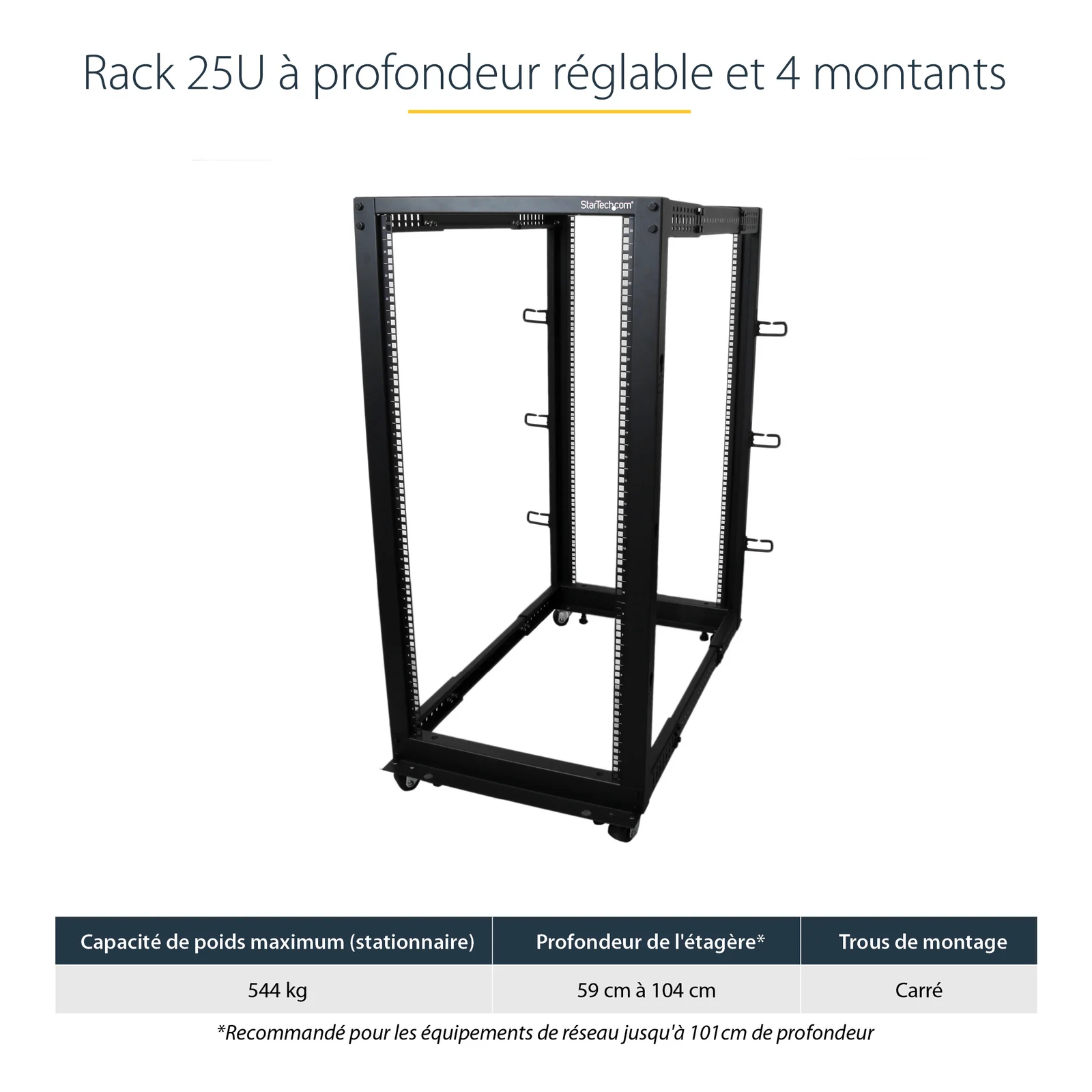 StarTech.com Rack Serveur Mobile 25U 4 Poteaux, Rack Réseau 19" 4 Poteaux avec Roulettes, Rack Roulant avec Profondeur Ajustable pour PC/AV/Données/Informatique - Roulettes, Pieds de nivellement ou Fixation au Sol