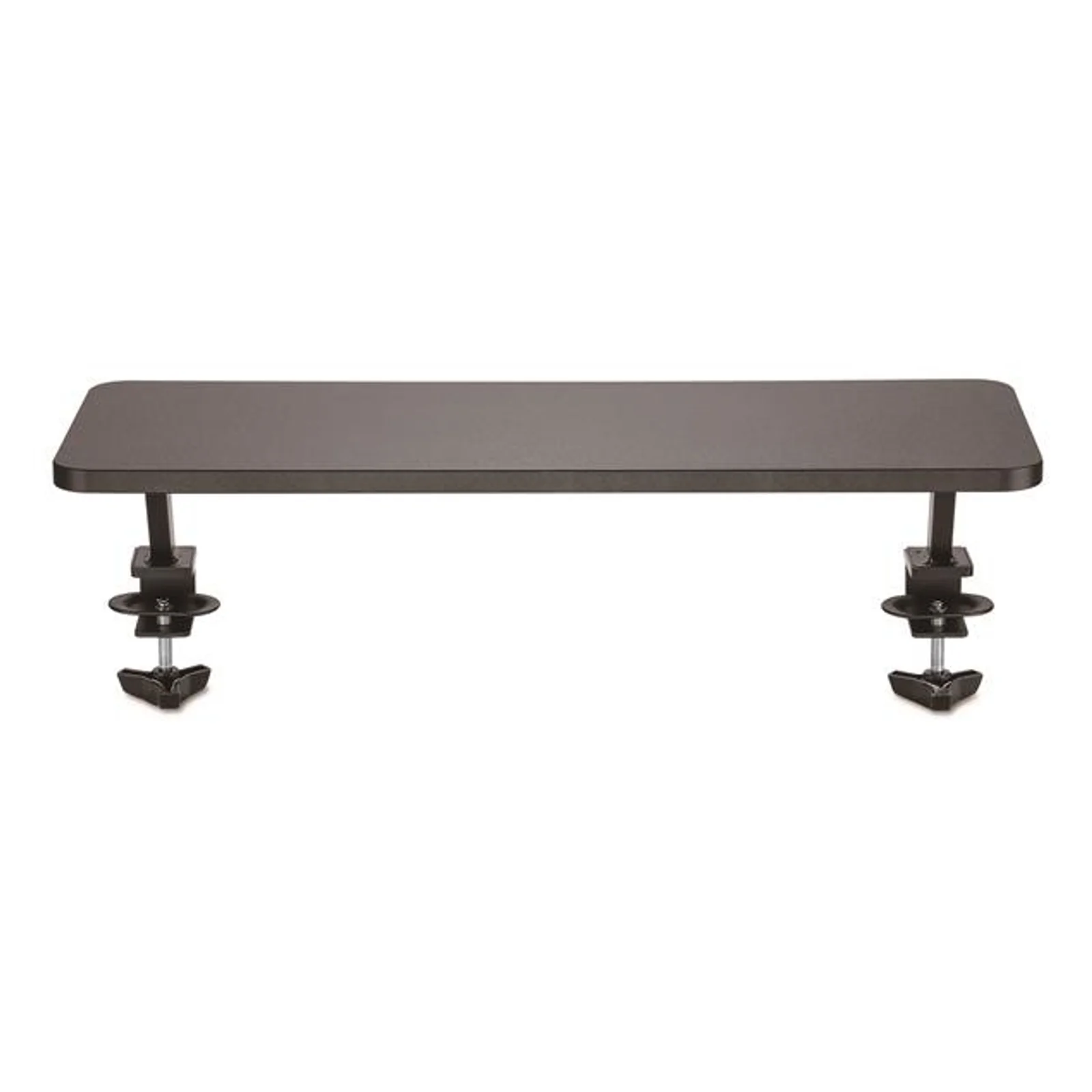 Rehausseur écran noir, vue de face, plateau rectangulaire sur deux supports à pince avec vis papillon