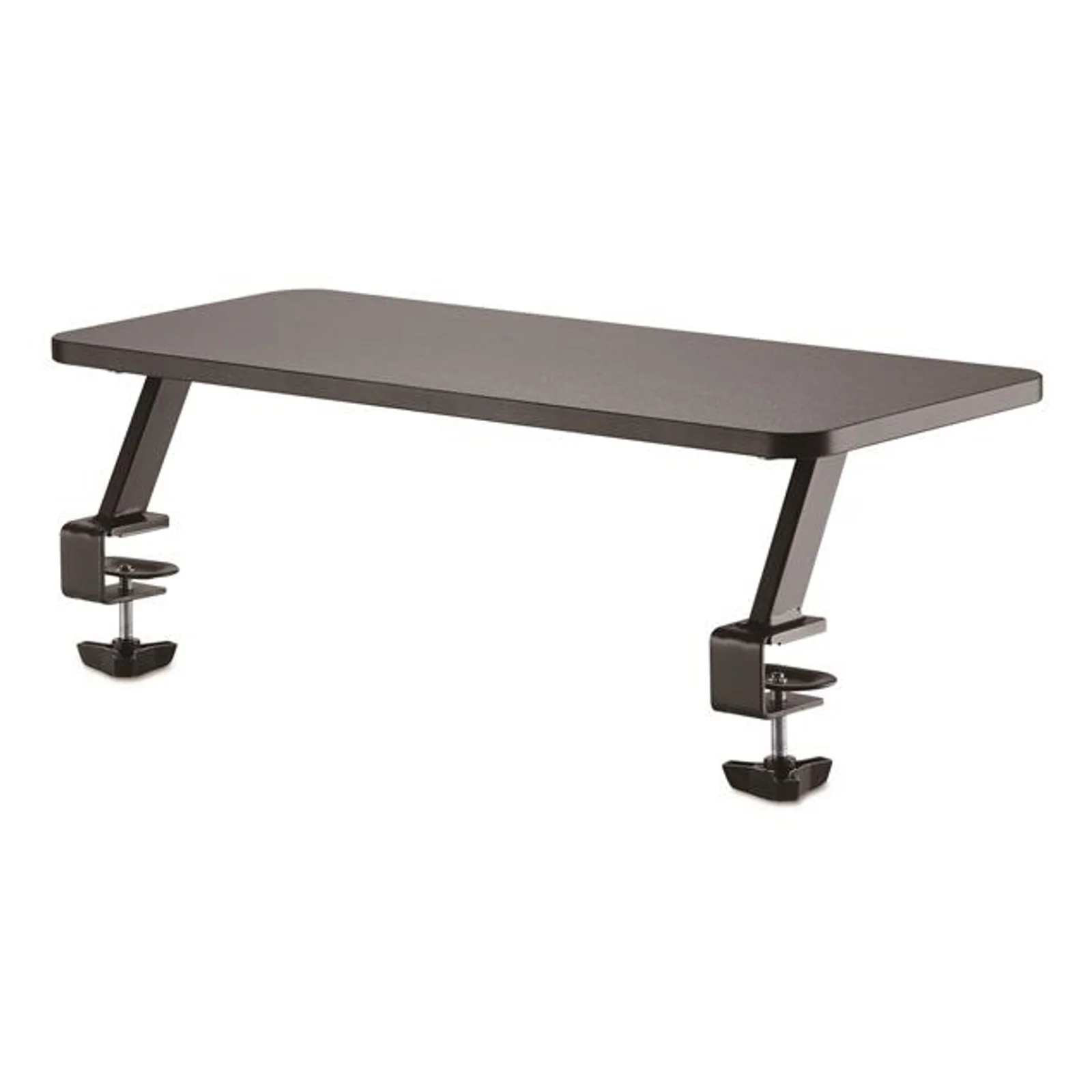 Rehausseur écran noir avec plateau large et deux supports à pince métalliques, vue en perspective trois quarts avant droit