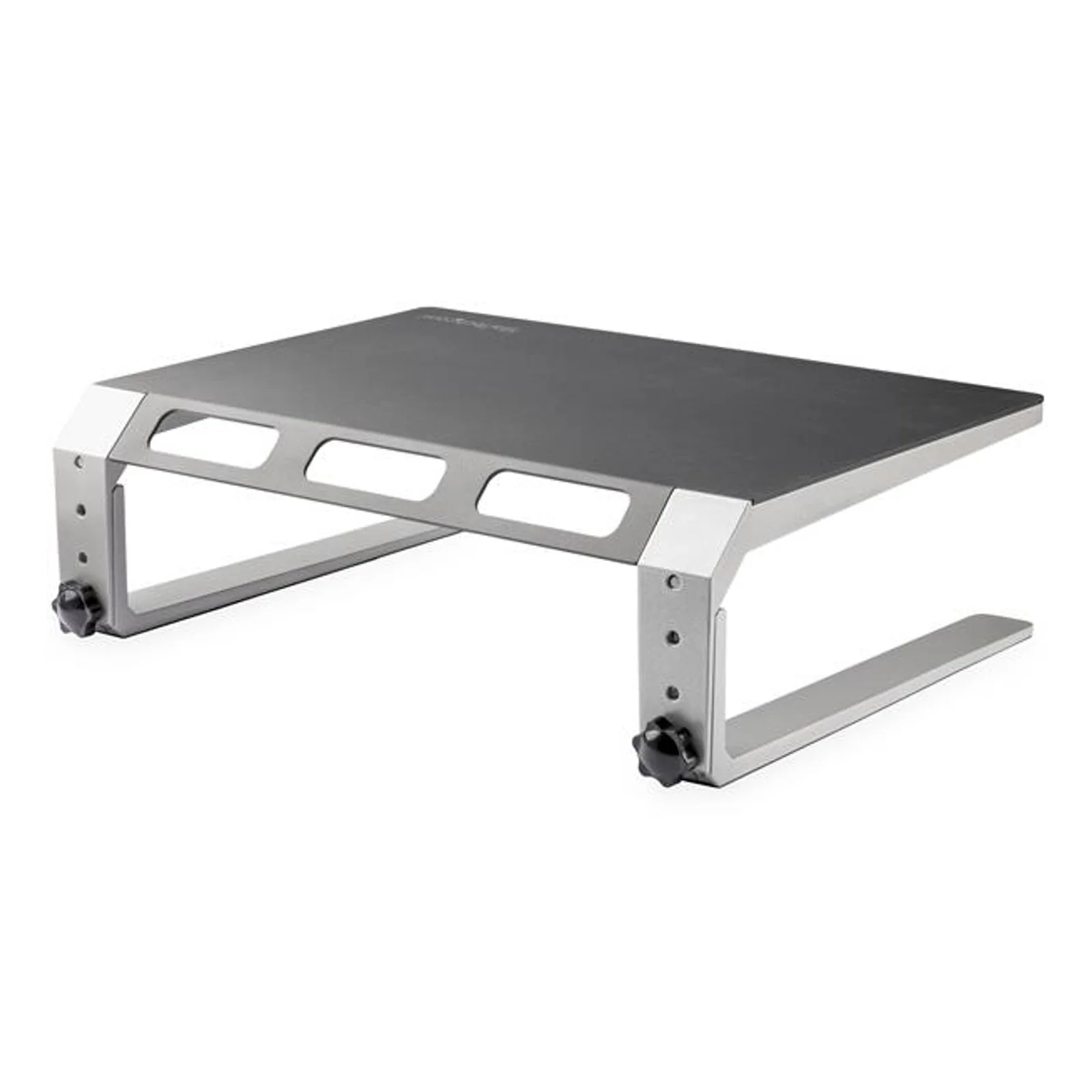 Vue trois quarts du rehausseur réglé en position basse, montants en aluminium avec molettes et plateau ajouré