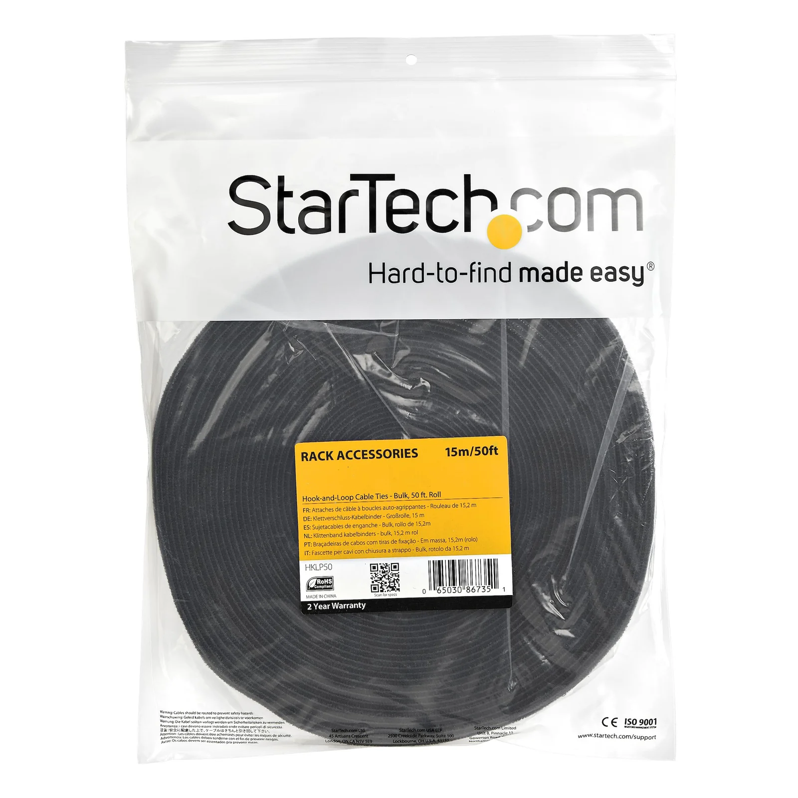 StarTech.com Ruban Auto Agrippant - Rouleau de 15,2 m pour Gestion de Câbles - Ruban Auto-Agrippant - Attaches Câble Ajustables - Sangles de Gestion de Câbles Auto-agrippantes et Réutilisables - Noir