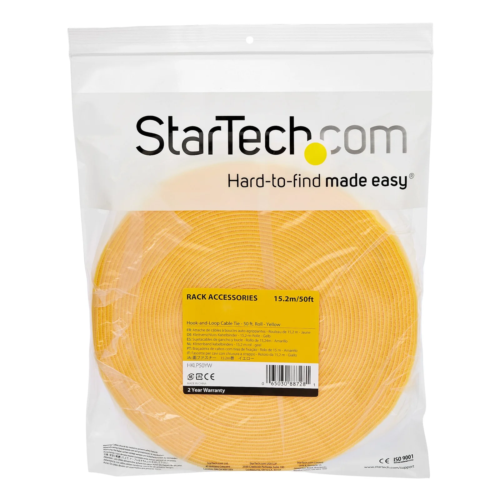 StarTech.com Ruban Auto Agrippant - Rouleau de 15,2 m pour Gestion de Câbles - Ruban Auto-Agrippant - Attaches Câble Ajustables - Sangles de Gestion de Câbles Auto-agrippantes et Réutilisables - Jaune