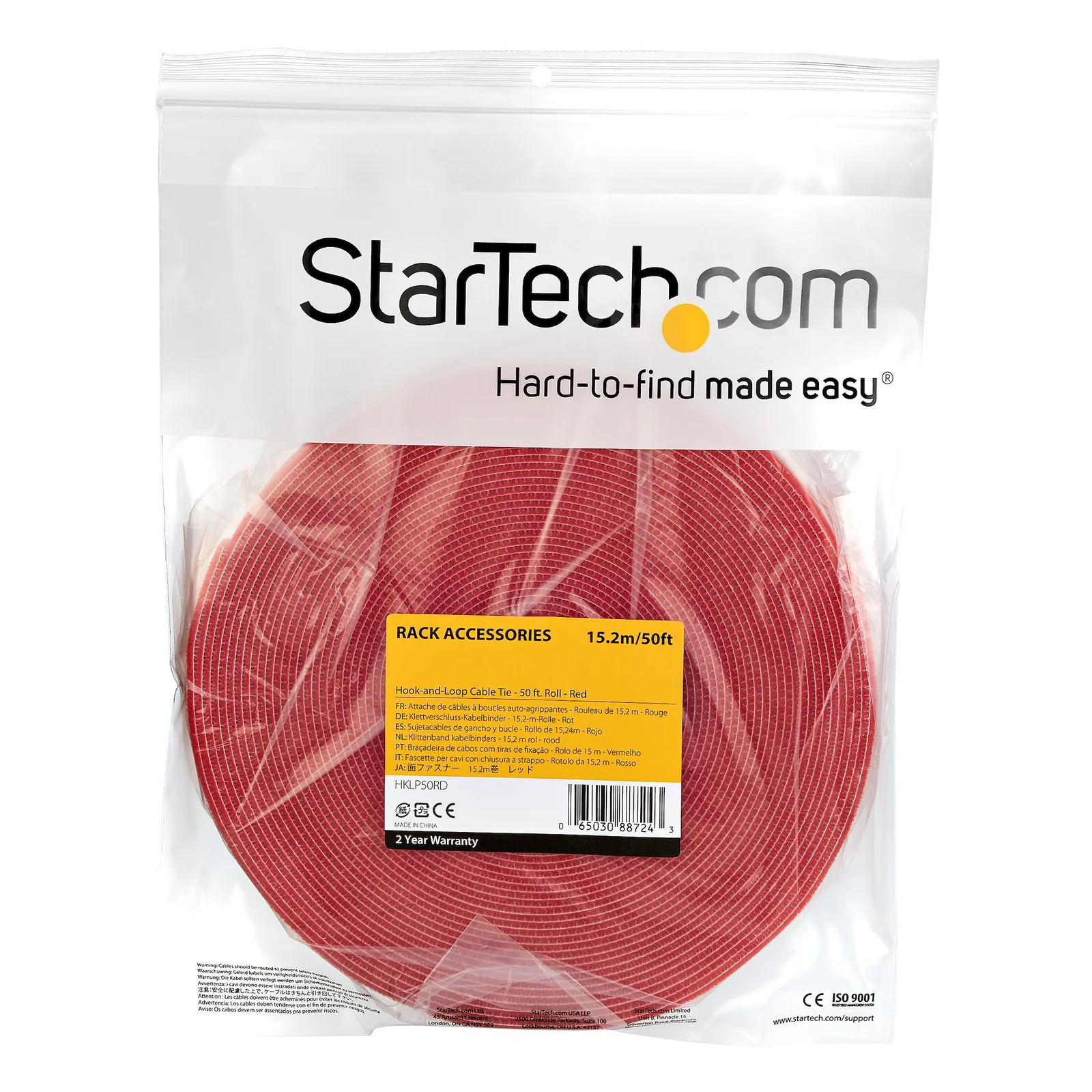StarTech.com Ruban Auto Agrippant - Rouleau de 15,2 m pour Gestion de Câbles - Ruban Auto-Agrippant - Attaches Câble Ajustables - Sangles de Gestion de Câbles Auto-agrippantes et Réutilisables - Rouge