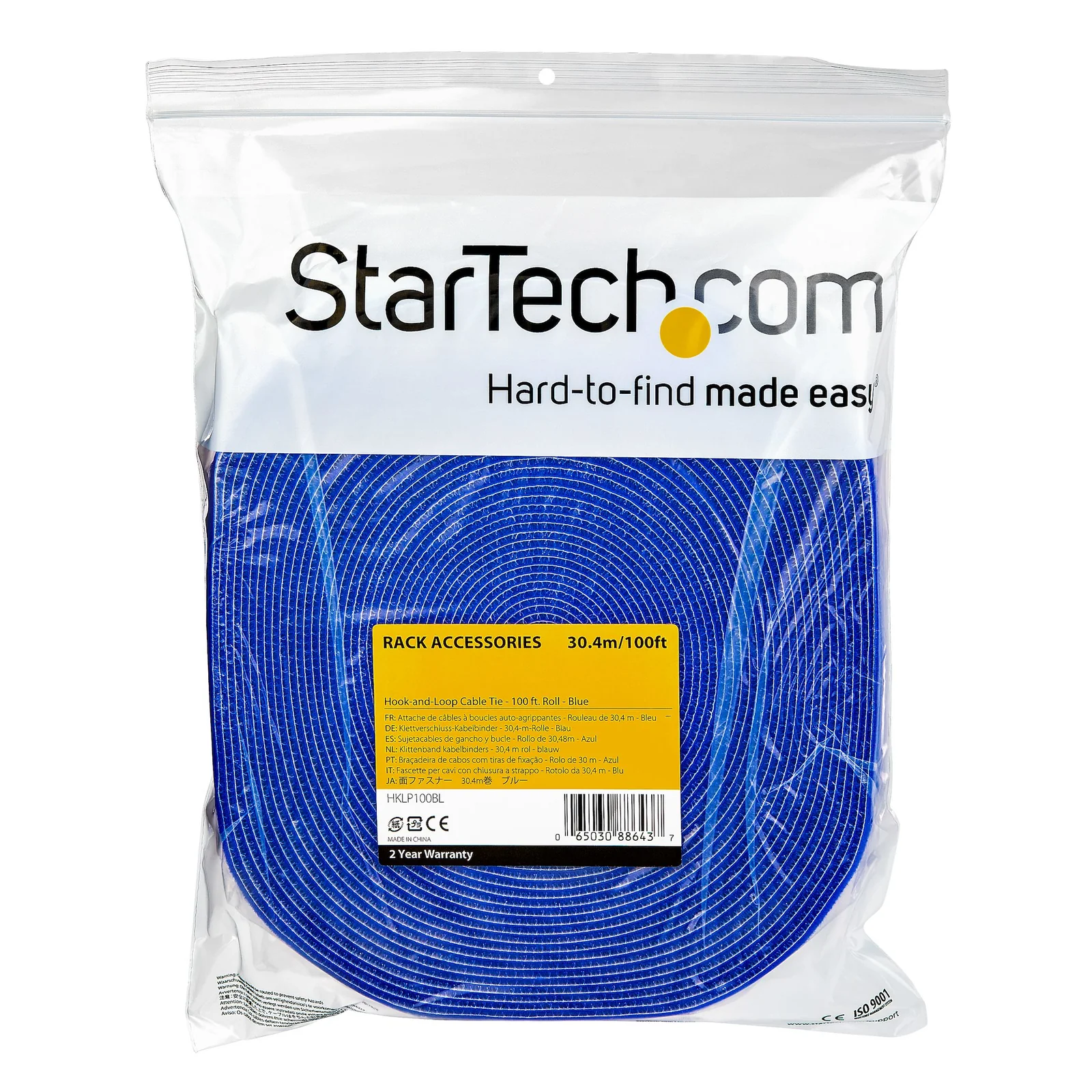 StarTech.com Ruban Auto Agrippant - Rouleau de 30,5 m pour Gestion de Câbles - Ruban Auto-Agrippant - Attaches Câble Ajustables - Sangles de Gestion de Câbles Auto-agrippantes et Réutilisables - Bleu