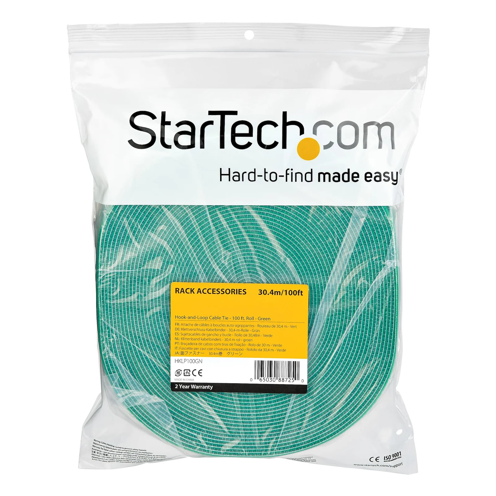 StarTech.com Ruban Auto Agrippant - Rouleau de 30,5 m pour Gestion de Câbles - Ruban Auto-Agrippant - Attaches Câble Ajustables - Sangles de Gestion de Câbles Auto-agrippantes et Réutilisables - Vert