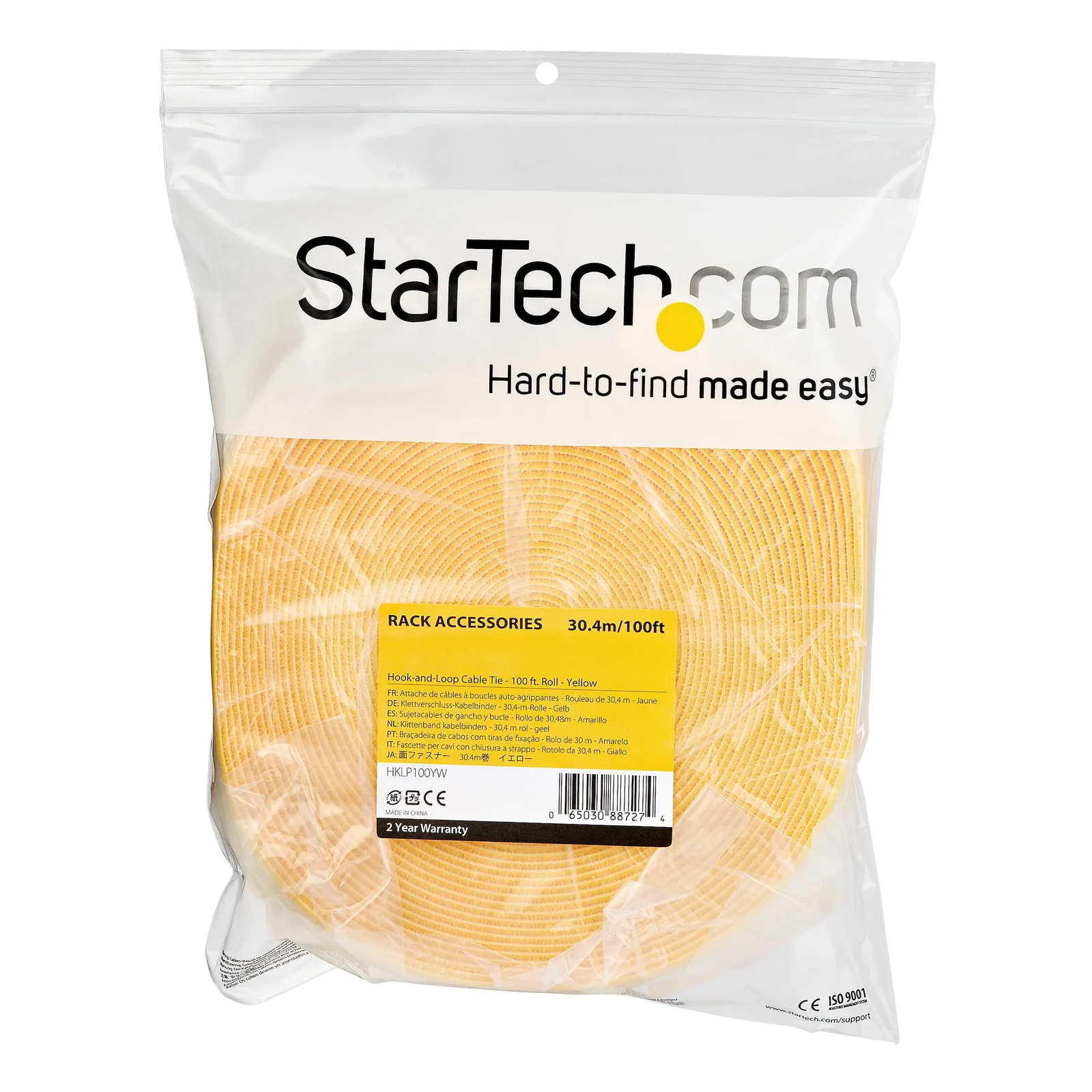 StarTech.com Ruban Auto Agrippant - Rouleau de 30,5 m pour Gestion de Câbles - Ruban Auto-Agrippant - Attaches Câble Ajustables - Sangles de Gestion de Câbles Auto-agrippantes et Réutilisables - Jaune