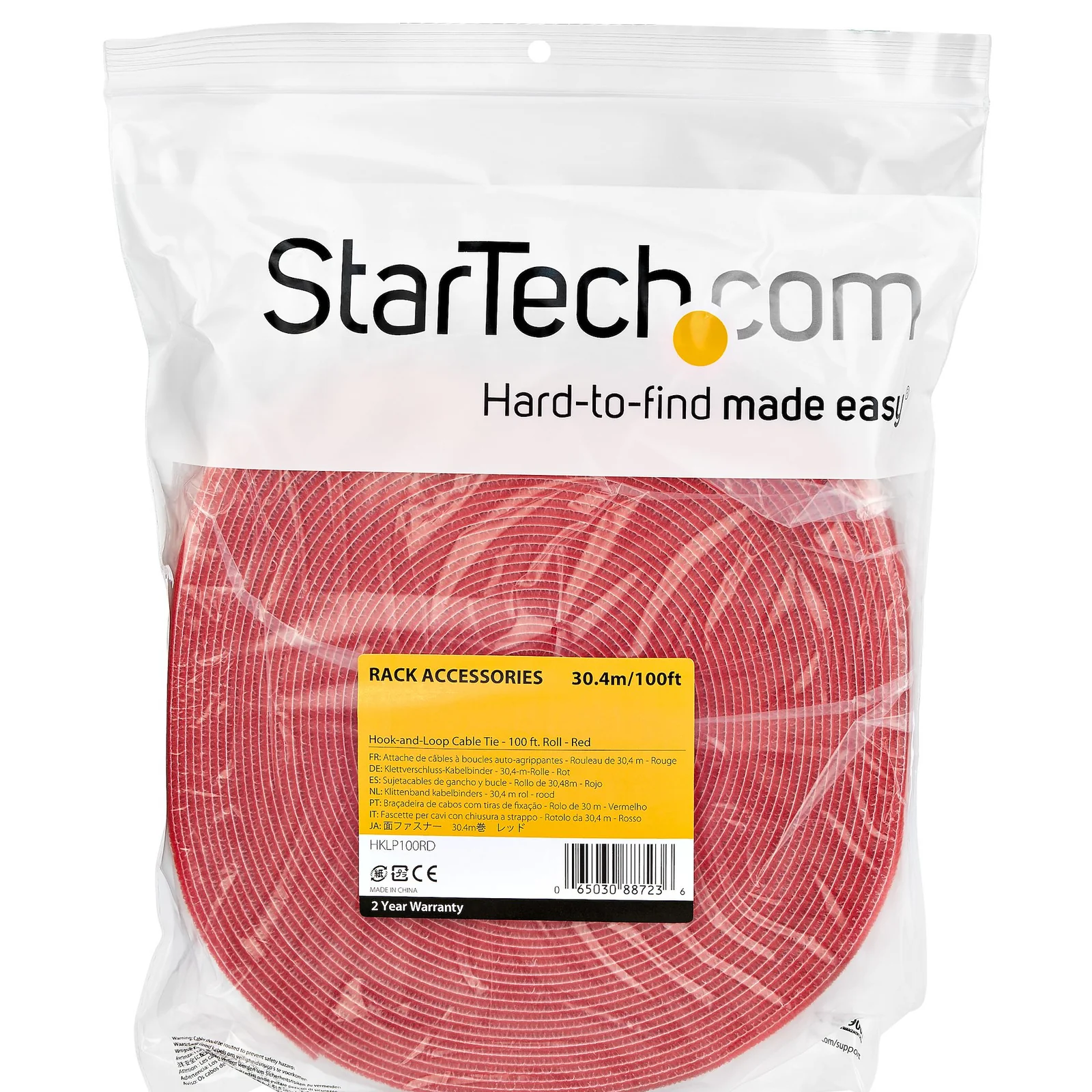 StarTech.com Ruban Auto Agrippant - Rouleau de 30,5 m pour Gestion de Câbles - Ruban Auto-Agrippant - Attaches Câble Ajustables - Sangles de Gestion de Câbles Auto-agrippantes et Réutilisables - Rouge