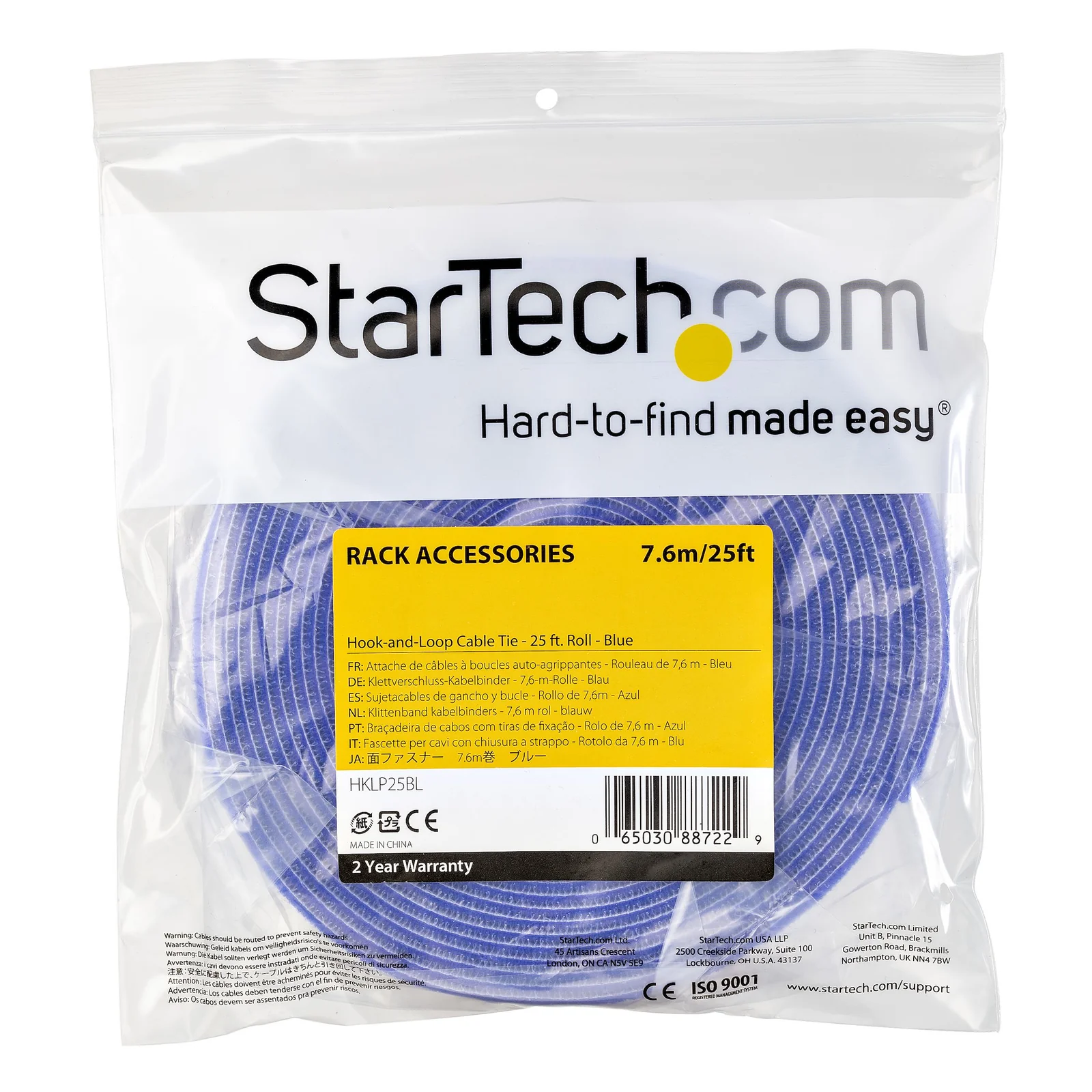 StarTech.com Ruban Auto Agrippant - Rouleau de 7,6 m pour Gestion de Câbles - Ruban Auto-Agrippant - Attaches Câble Ajustables - Sangles de Gestion de Câbles Auto-agrippantes et Réutilisables - Bleu