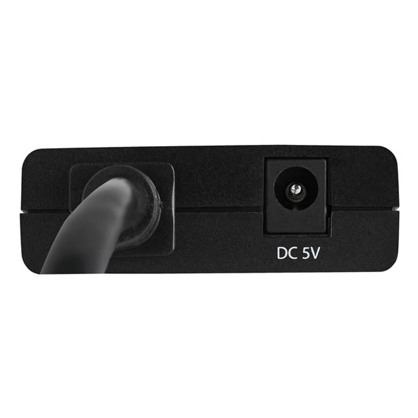 Tranche arrière du boîtier noir avec câble source encastré et prise DC 5V gravée