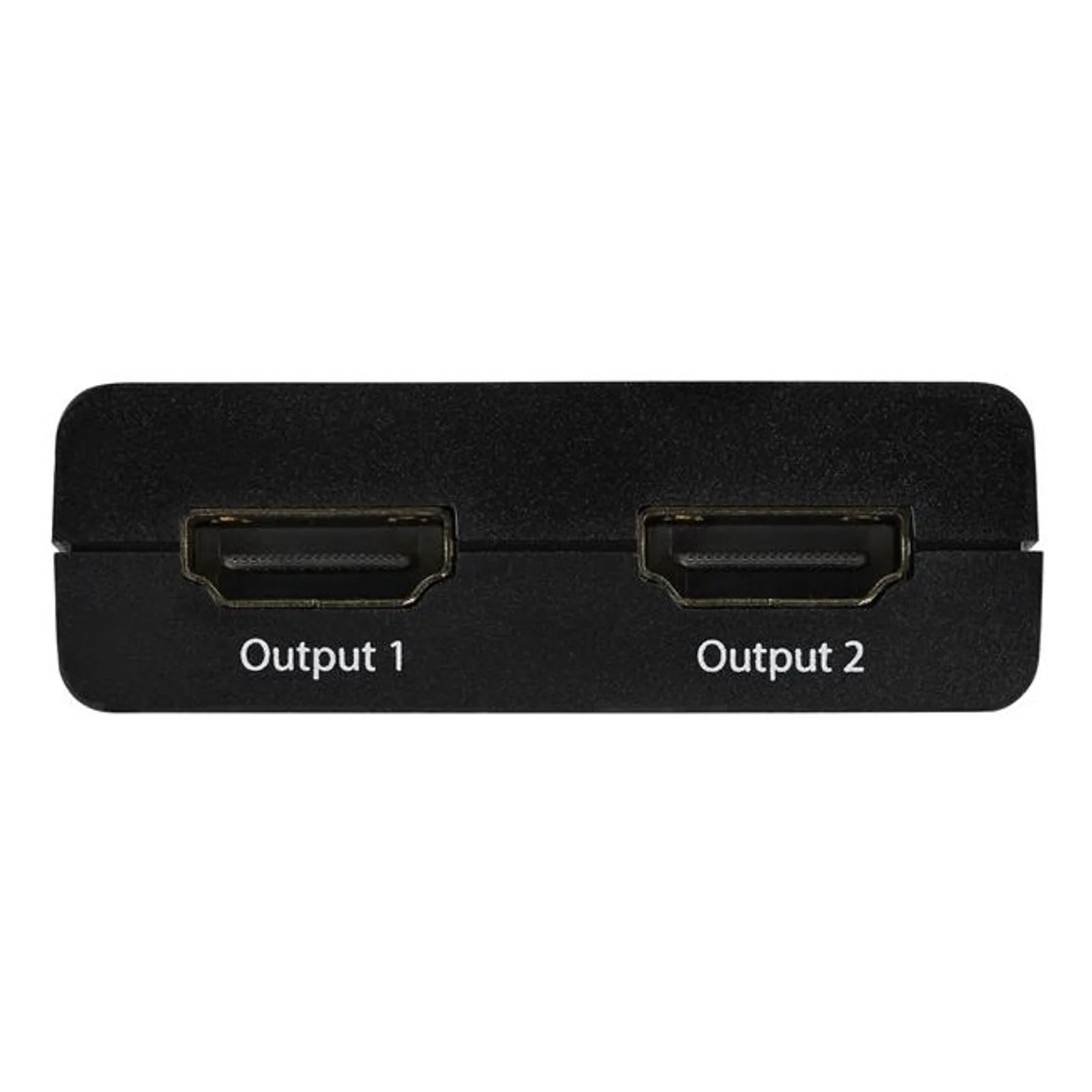 Face avant du boîtier noir avec 2 prises HDMI femelles étiquetées Output 1 et Output 2