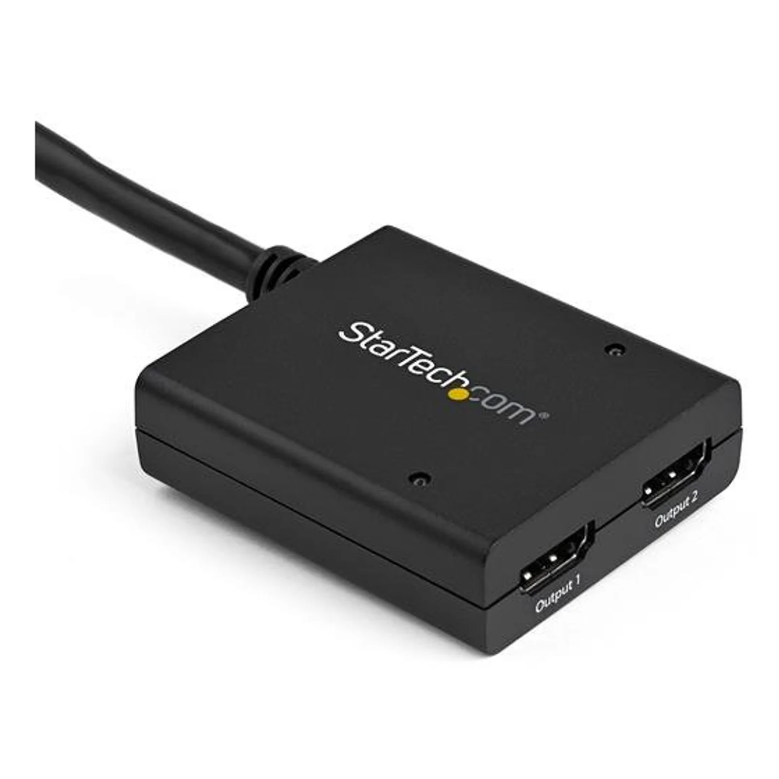 Vue 3/4 dessus du boîtier noir avec logo imprimé et 2 ports de sortie HDMI visibles sur le côté