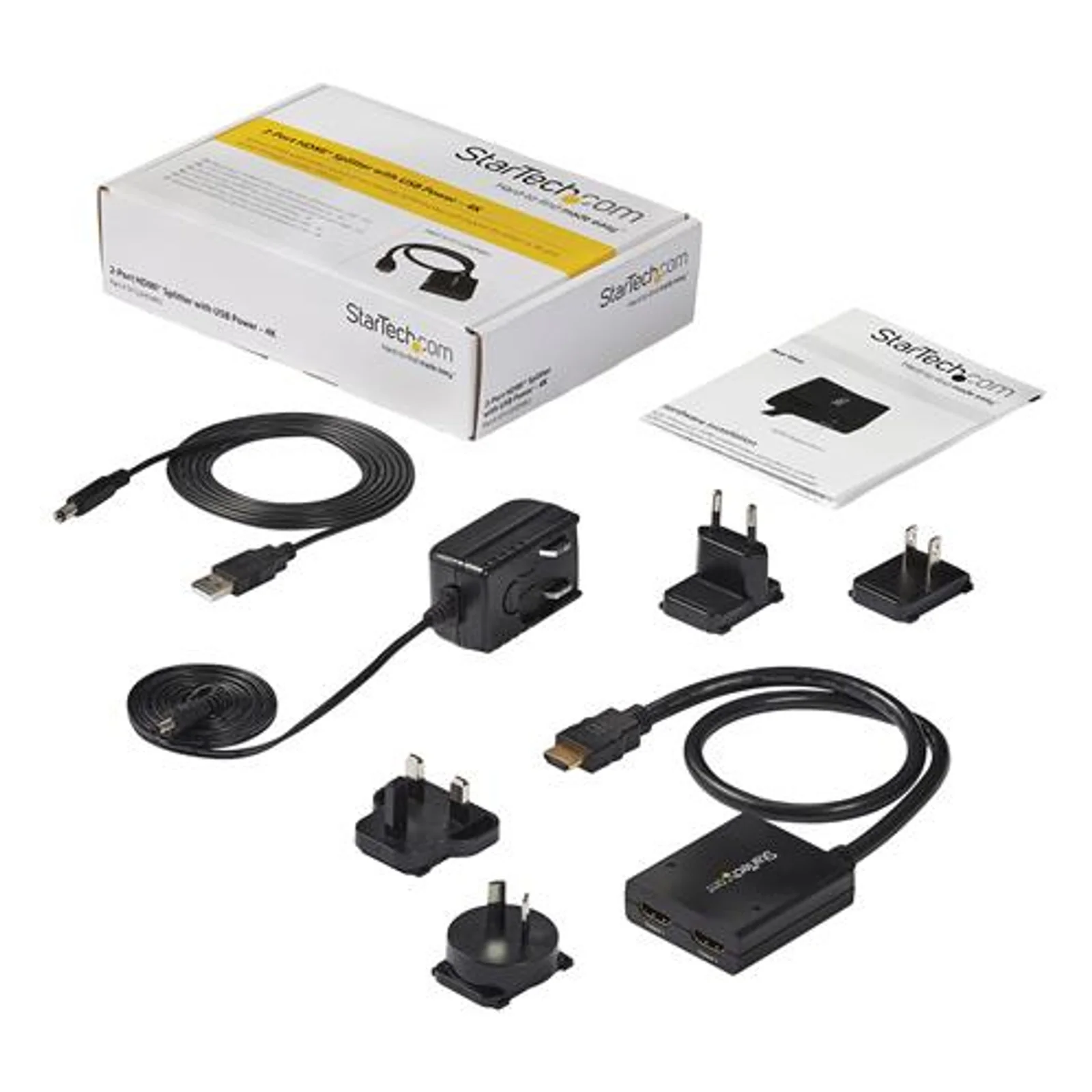 Contenu de boîte posé à plat incluant splitter, câble USB-A, adaptateur secteur universel avec 4 fiches interchangeables et guide d'installation