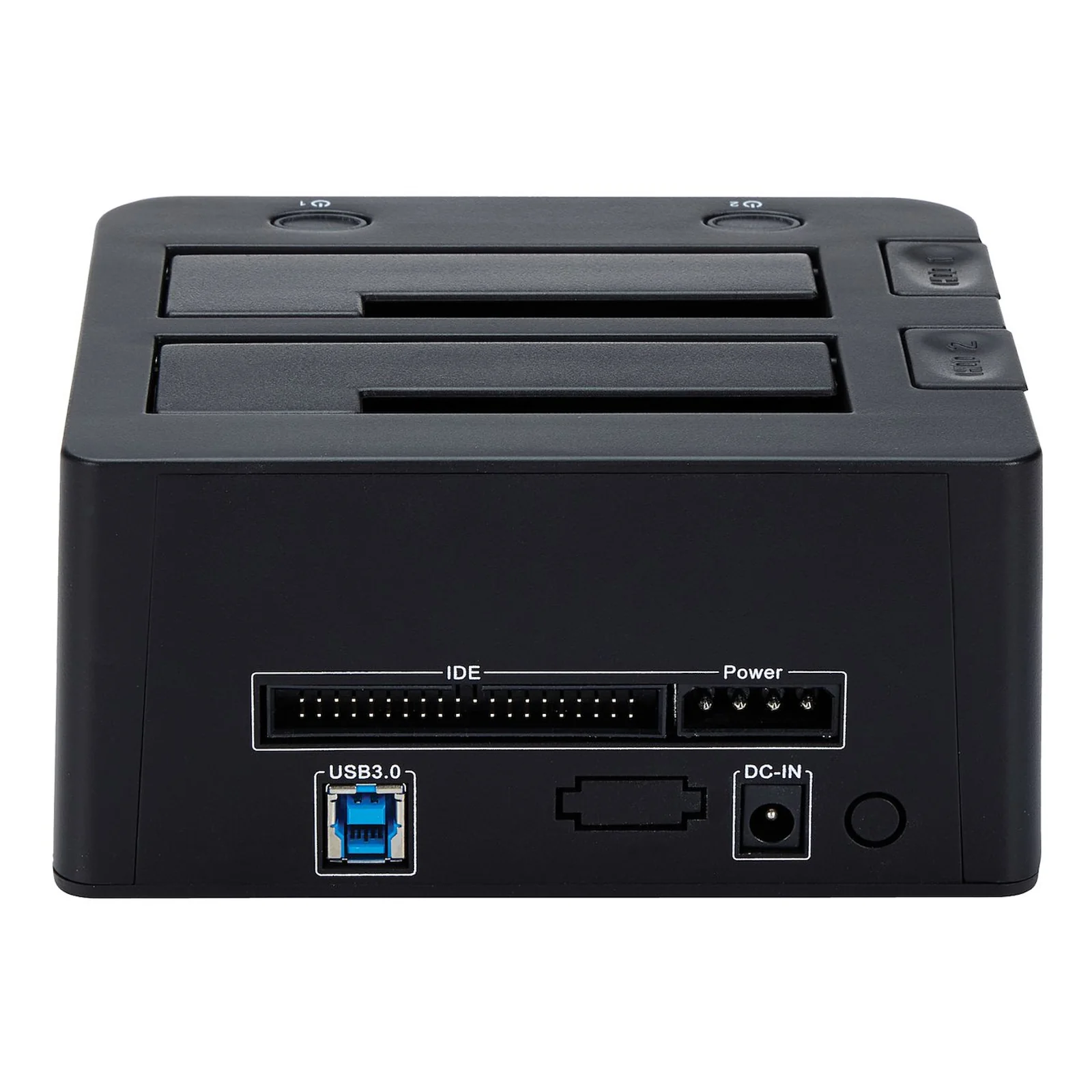 Vue arrière montrant port USB 3.0 Type-B bleu, connecteur IDE 40 broches, prise LP4 et entrée DC-IN