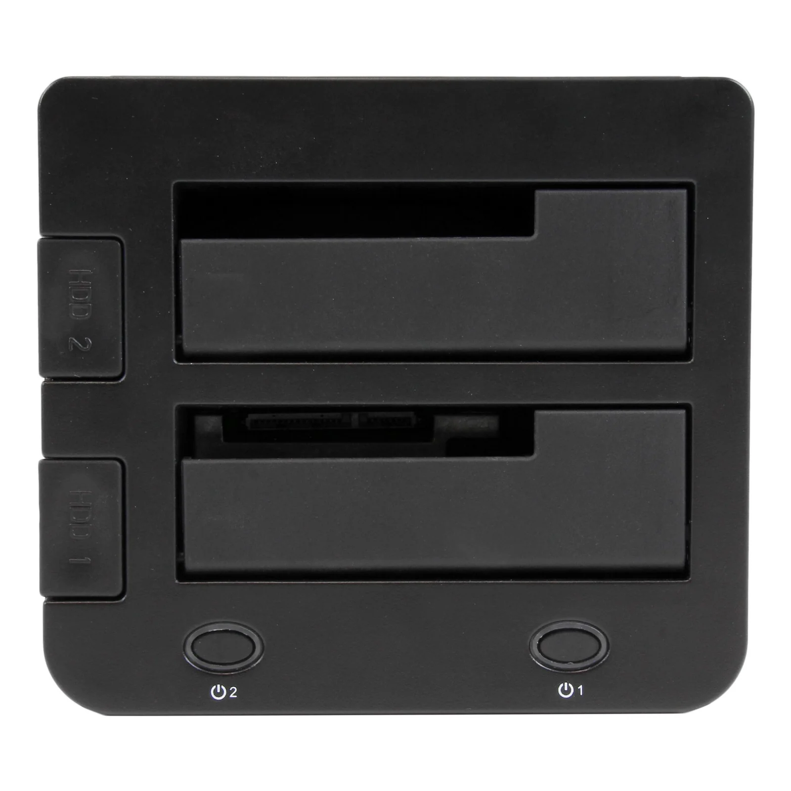 Vue de face de la station, deux emplacements ouverts, connecteur SATA visible dans le slot inférieur, boutons d'alimentation en façade