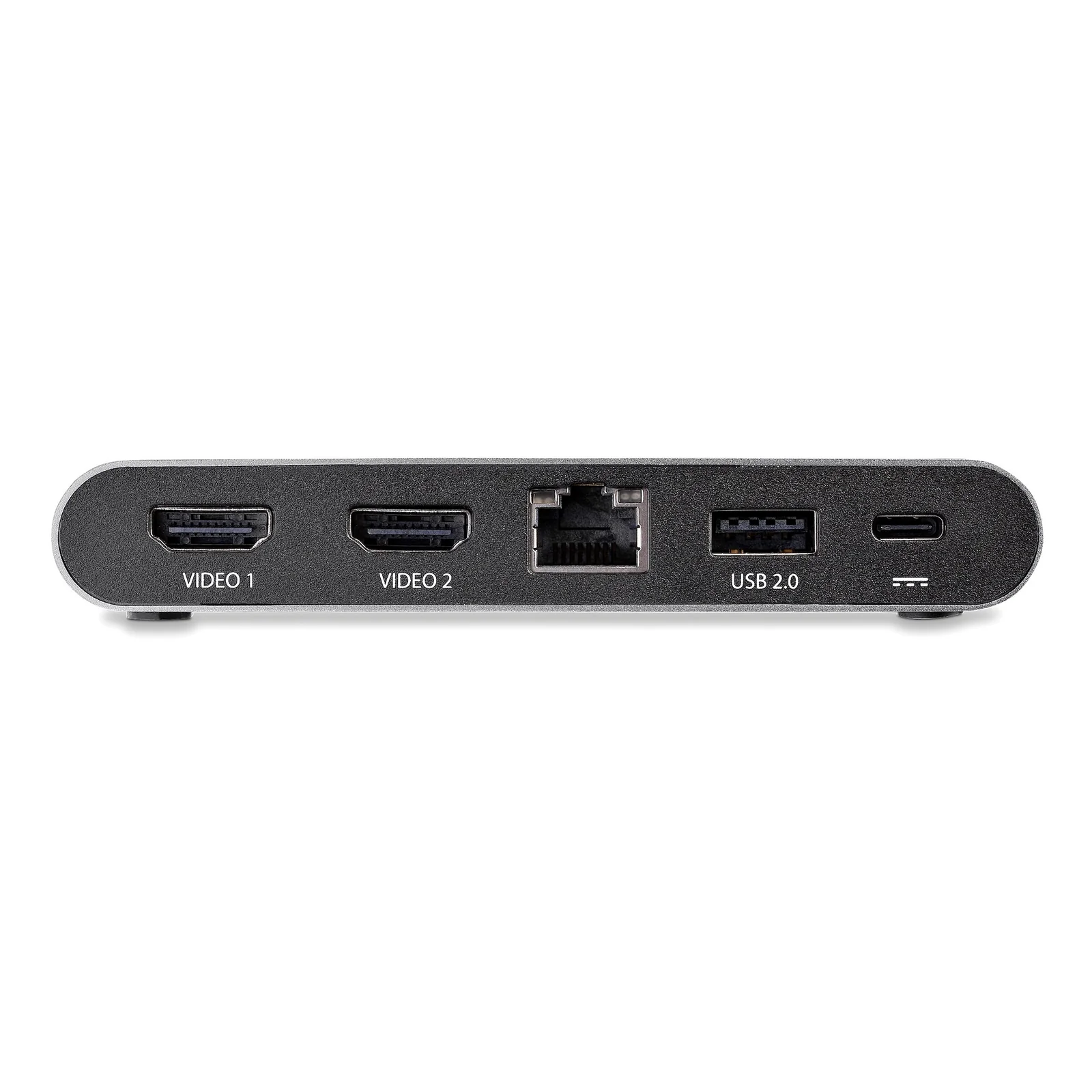 Vue frontale à plat du panneau avant de la station d'accueil StarTech.com DK30C2HAGPD montrant les 5 connecteurs étiquetés VIDEO 1, VIDEO 2, GbE, USB 2.0 et USB-C.