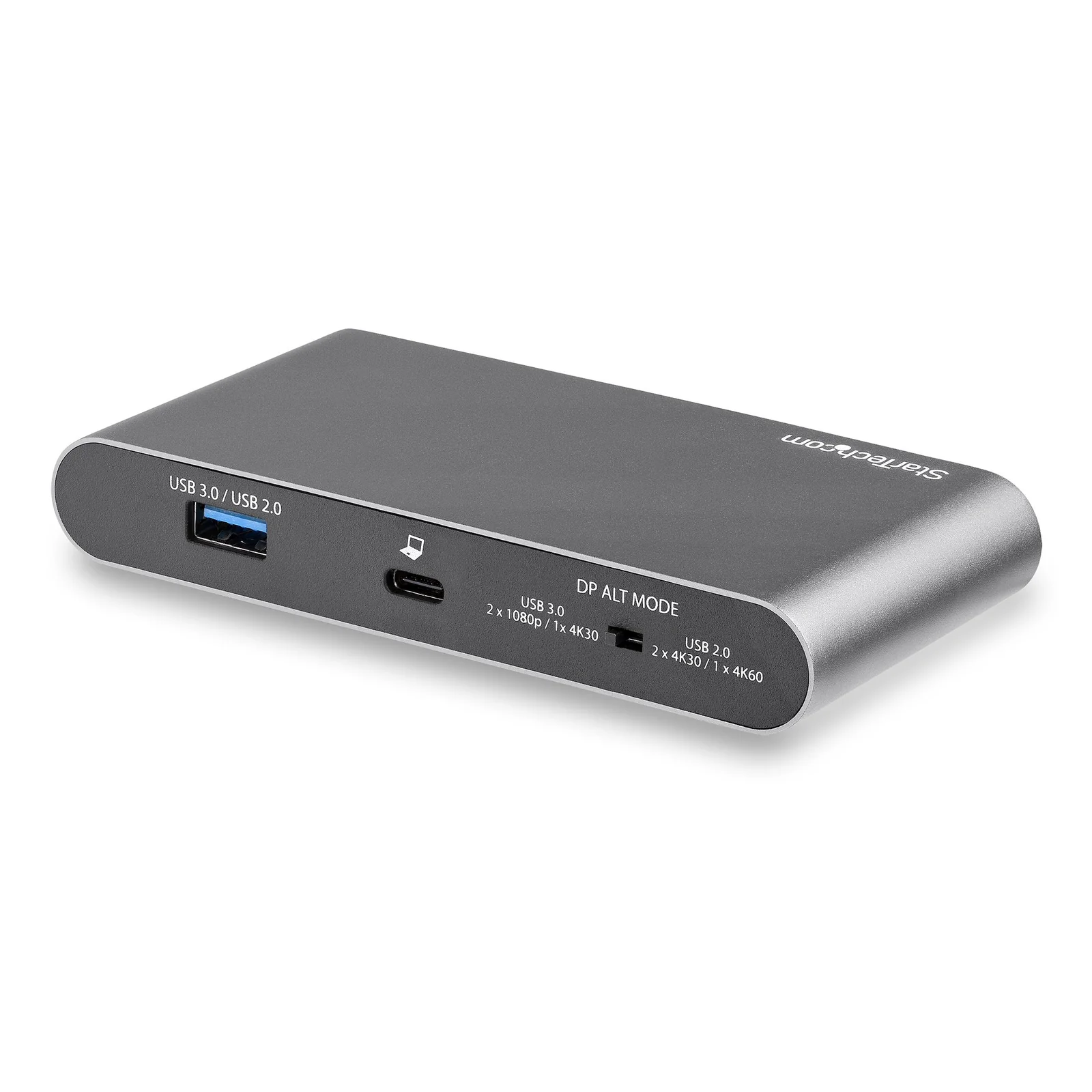 Vue de côté du panneau arrière de la station DK30C2HAGPD avec port USB-A 3.0, port USB-C hôte et étiquette indiquant les modes d'affichage selon le lien USB.