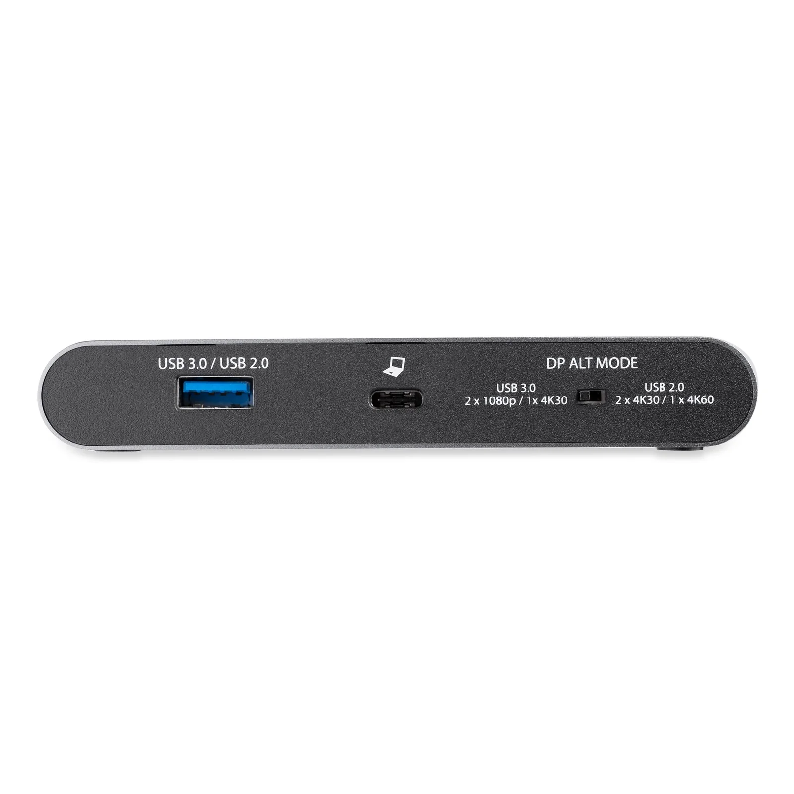 Vue frontale du panneau arrière avec port USB-A 3.0, port USB-C hôte et spécifications des résolutions d'affichage en modes USB 3.0 et USB 2.0 indiquées sur l'étiquette.