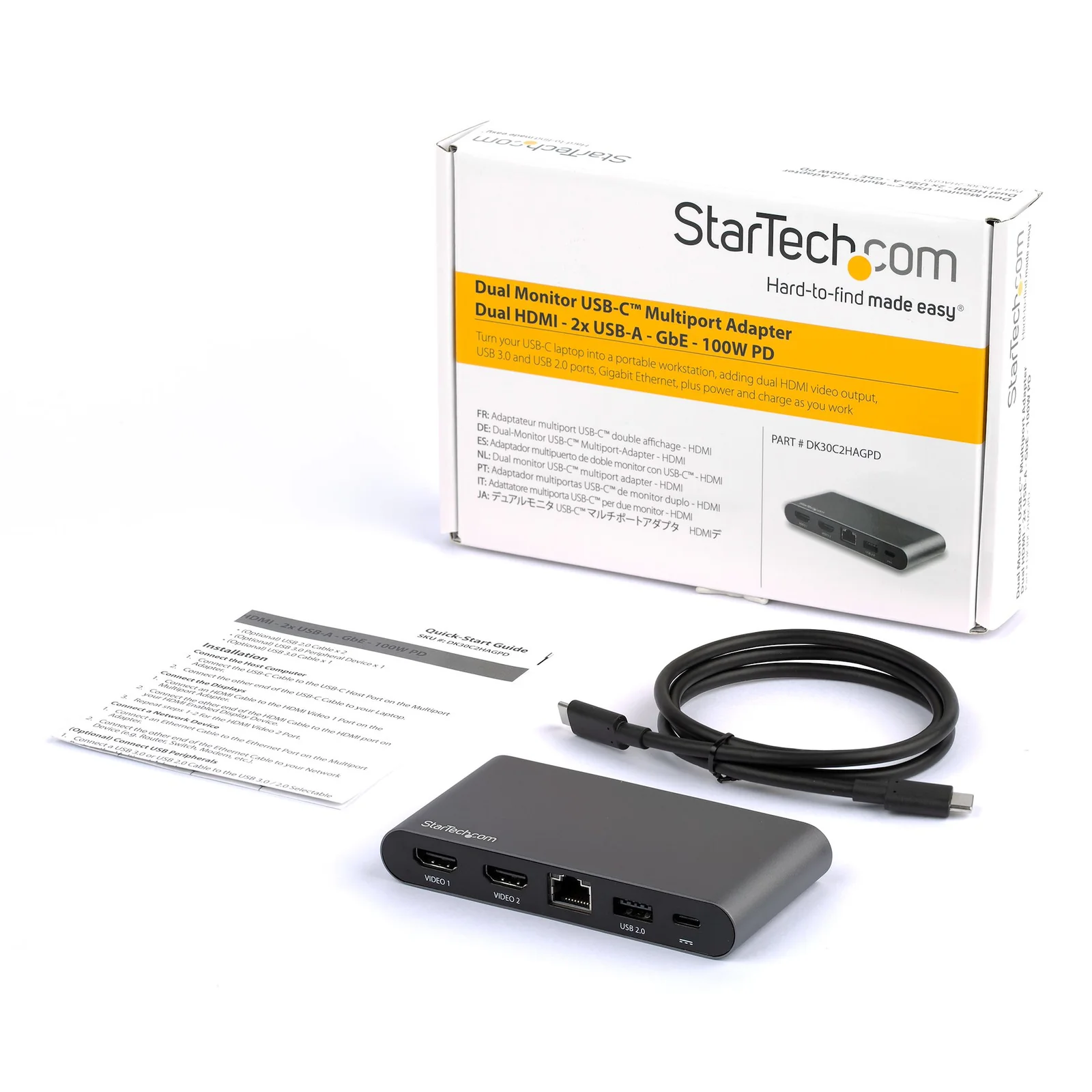 Contenu de la boîte StarTech.com DK30C2HAGPD incluant la station d'accueil, un câble USB-C, le guide de démarrage rapide et l'emballage d'origine.