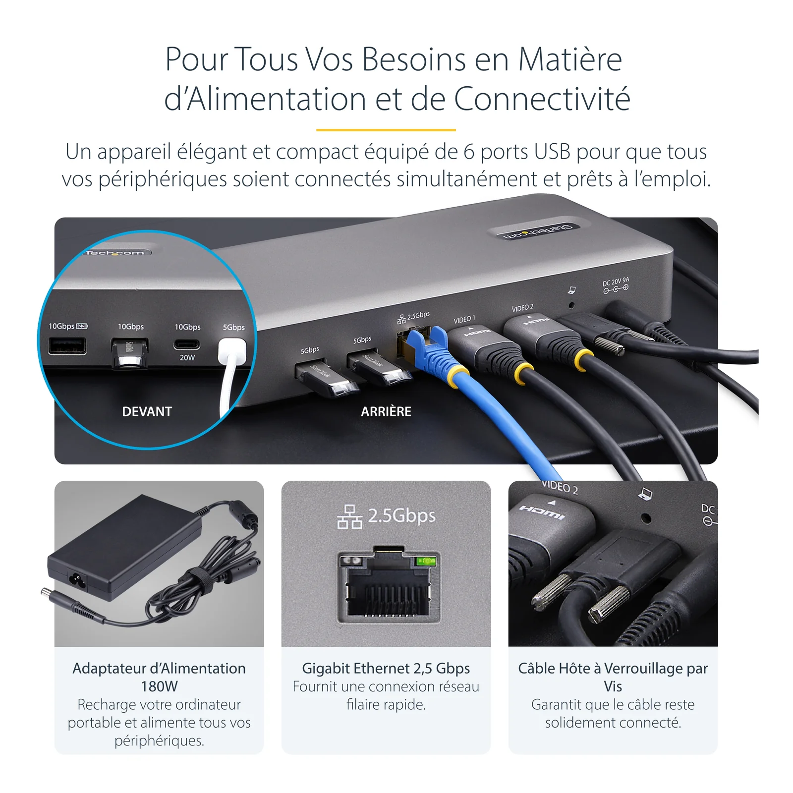 StarTech.com Station d'Accueil USB4 à 2 Écrans, Double HDMI 4K 120 Hz ou Simple HDMI 8K 60 Hz, Recharge de PC 100W, 2,5 GbE, Dock Multi-Écrans USB-C, Sans Pilote