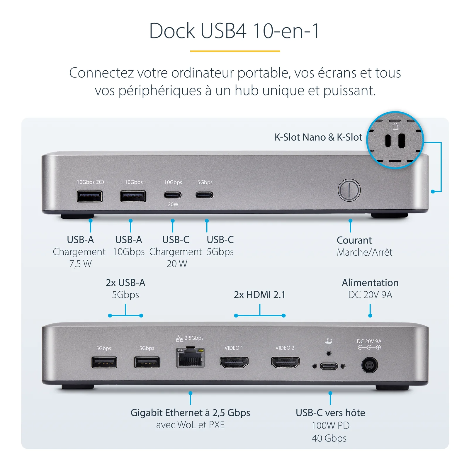 StarTech.com Station d'Accueil USB4 à 2 Écrans, Double HDMI 4K 120 Hz ou Simple HDMI 8K 60 Hz, Recharge de PC 100W, 2,5 GbE, Dock Multi-Écrans USB-C, Sans Pilote