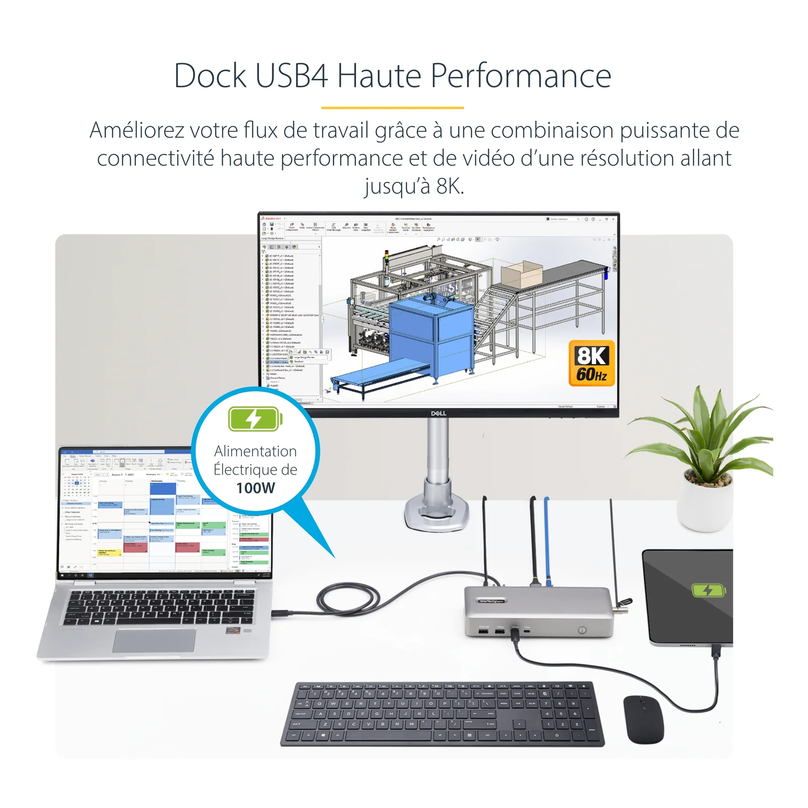 StarTech.com Station d'Accueil USB4 à 2 Écrans, Double HDMI 4K 120 Hz ou Simple HDMI 8K 60 Hz, Recharge de PC 100W, 2,5 GbE, Dock Multi-Écrans USB-C, Sans Pilote