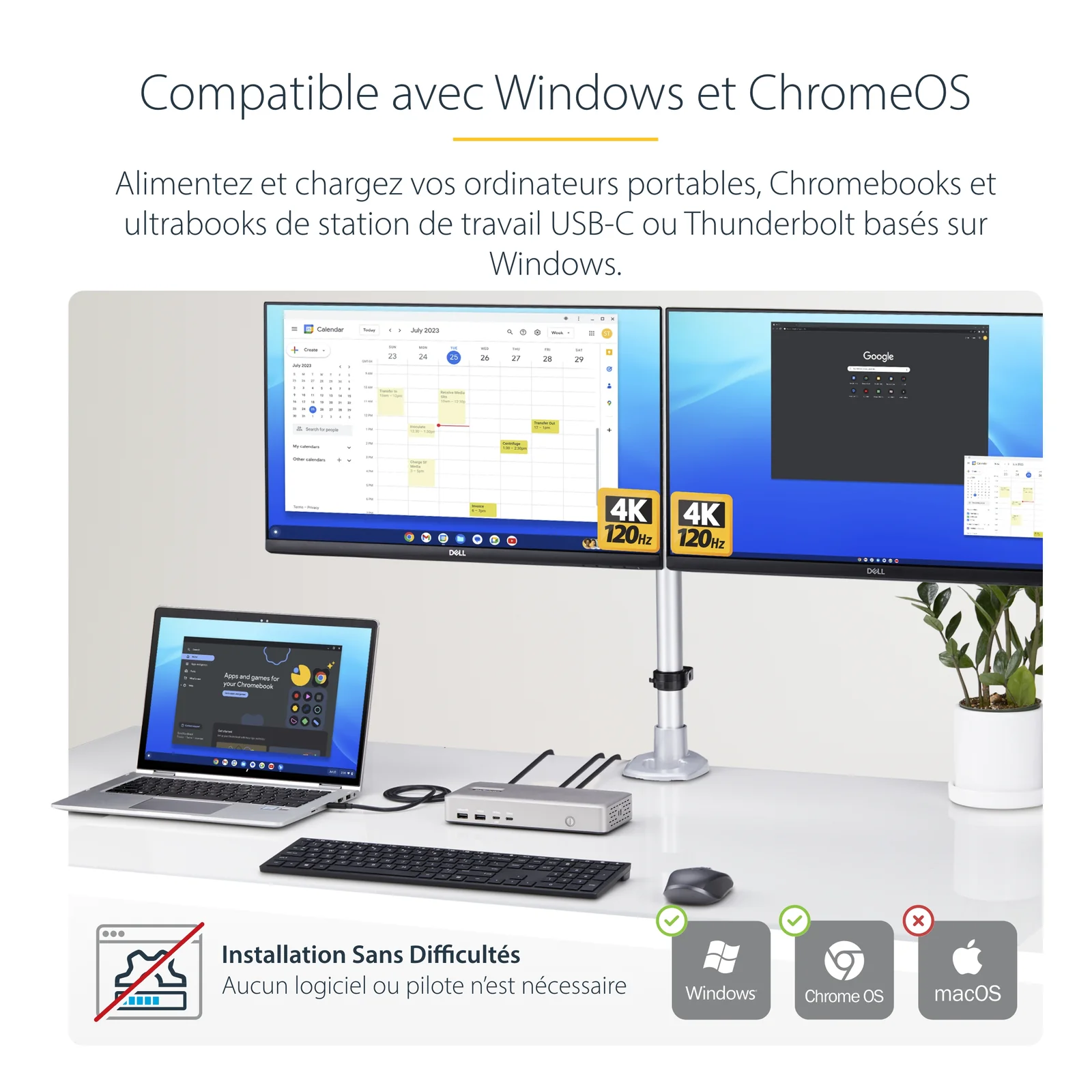 StarTech.com Station d'Accueil USB4 à 2 Écrans, Double HDMI 4K 120 Hz ou Simple HDMI 8K 60 Hz, Recharge de PC 100W, 2,5 GbE, Dock Multi-Écrans USB-C, Sans Pilote
