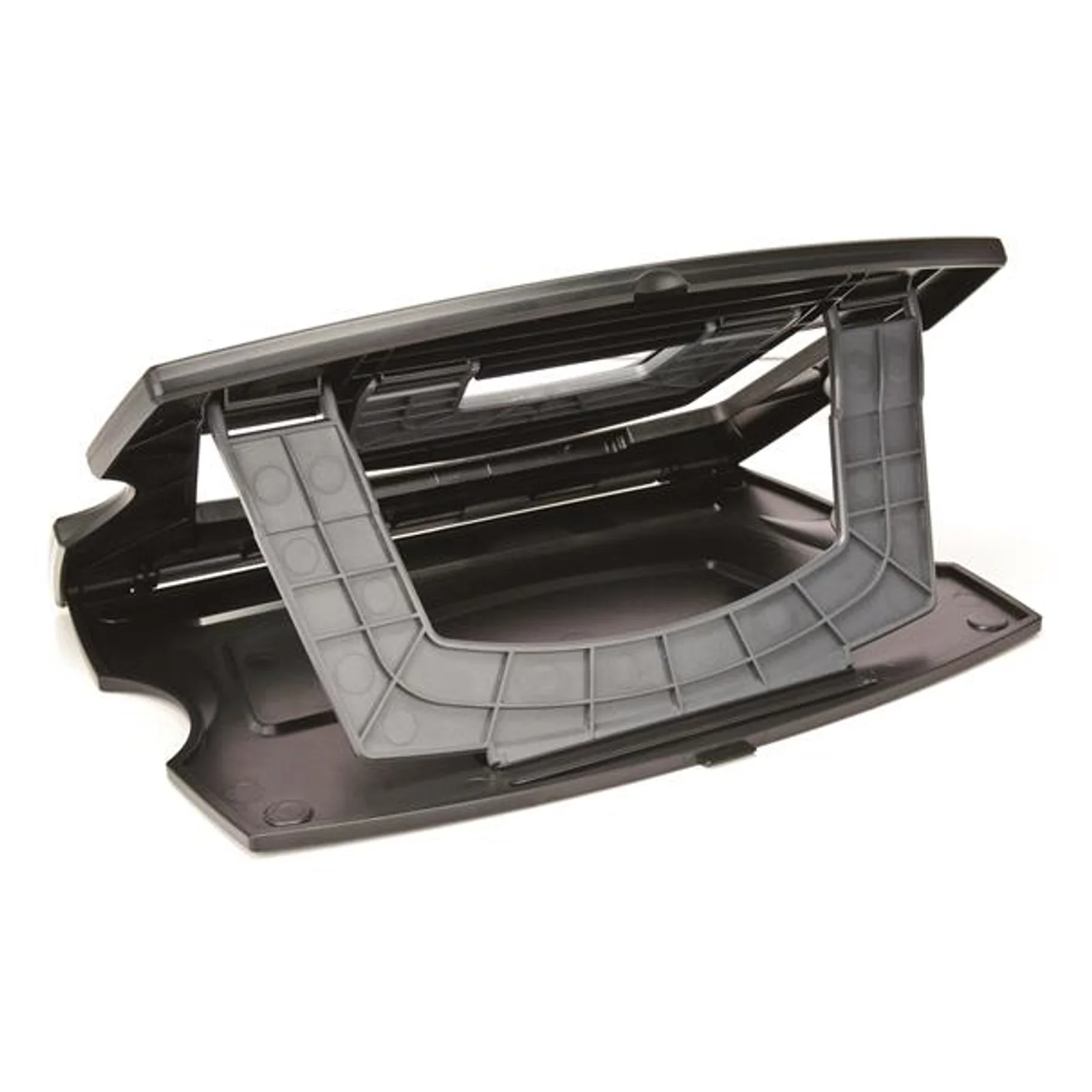 Vue dessous du support replié, montrant la structure interne avec deux bras articulés en plastique gris et la base plate noire