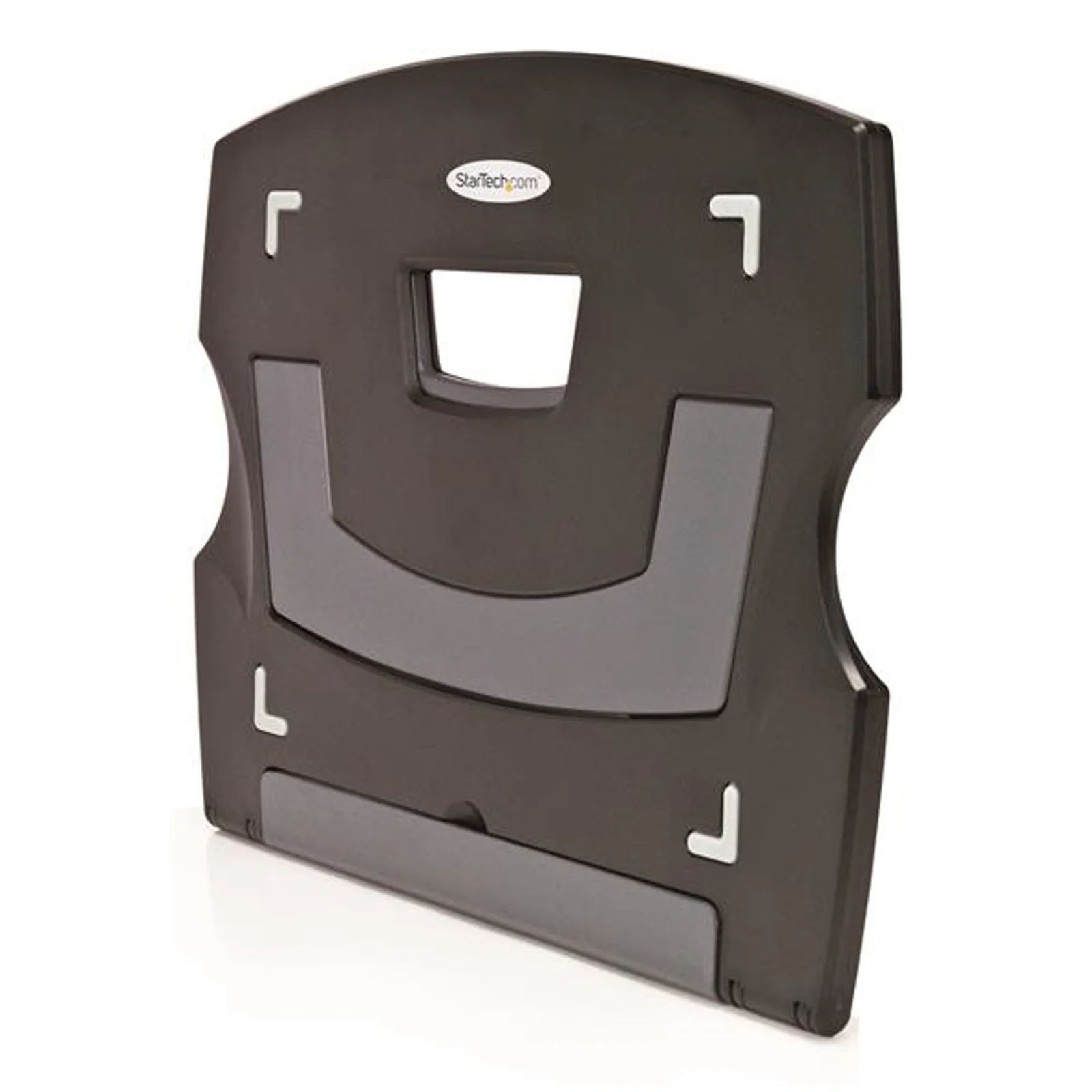 Support vu de face en position verticale, plateau noir avec inserts gris, poignée de transport centrale et coins de guidage blancs