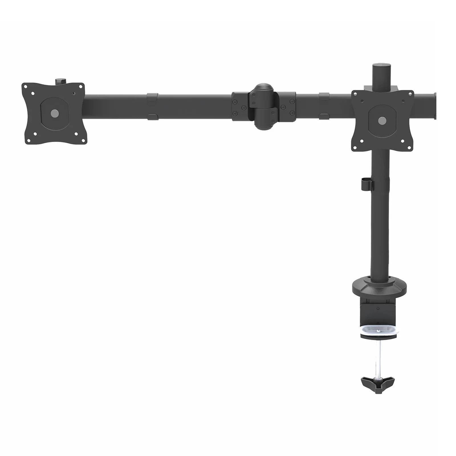 Bras triple moniteur en configuration asymétrique, deux supports VESA visibles avec la colonne déportée à droite et pince bureau