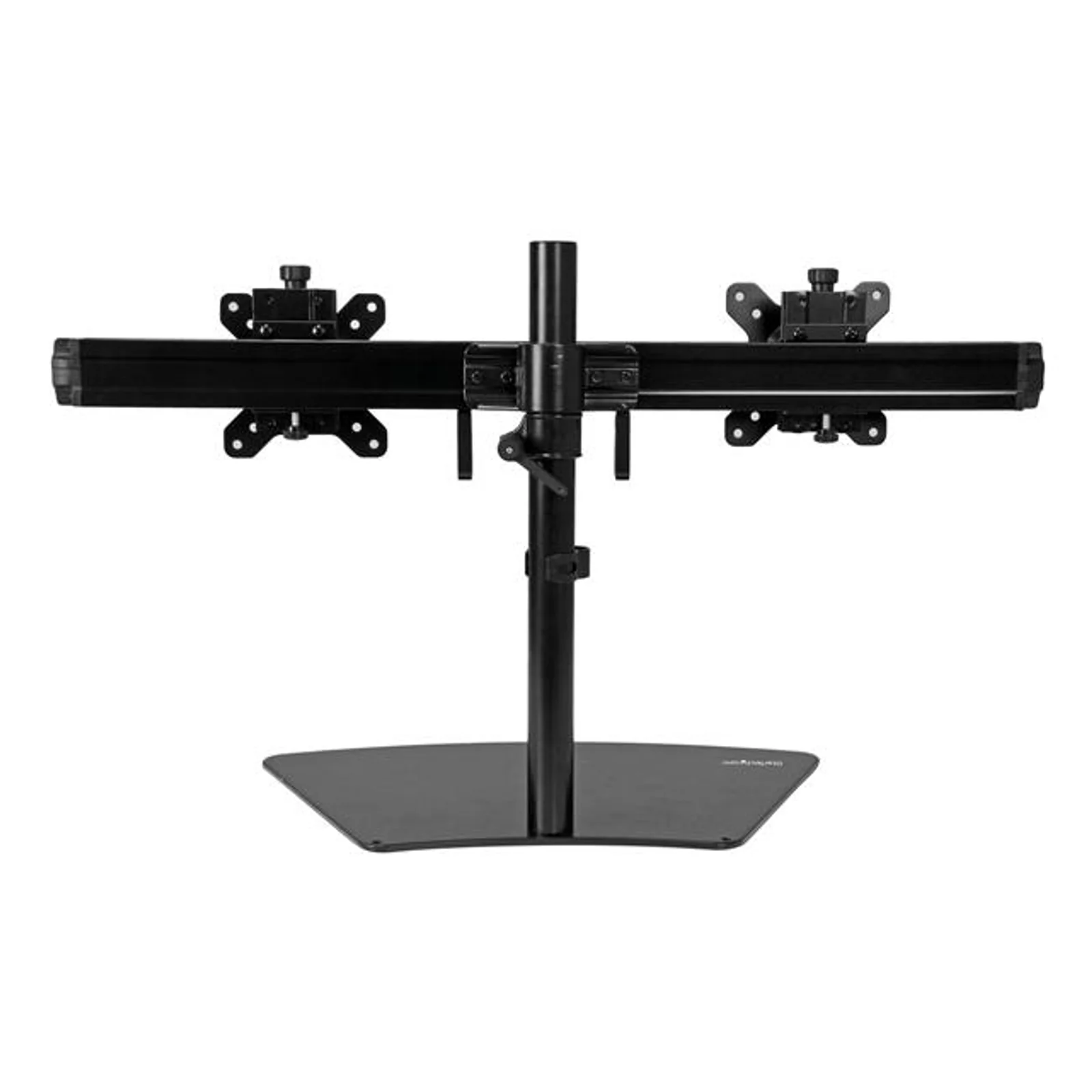 Support double moniteur vu de face sans les têtes VESA, barre transversale noire avec supports coulissants et socle métal