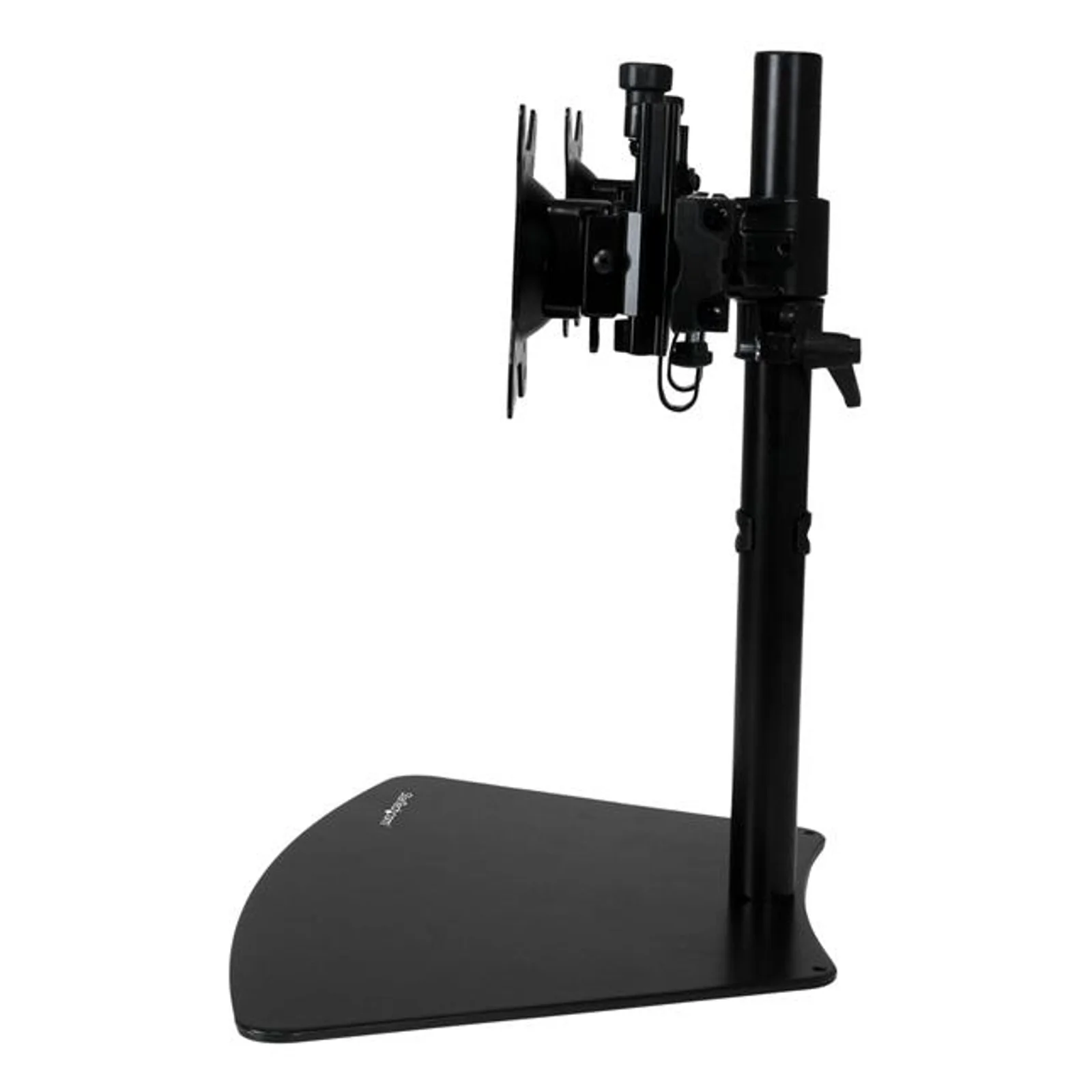 Vue de côté du support double moniteur, mécanisme de fixation VESA et colonne télescopique noire sur socle triangulaire