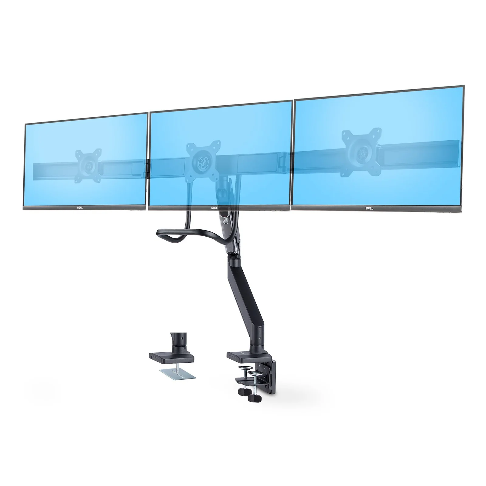 Support de Bureau pour 3 Écrans 27", VESA 75x75/100x100, Bras Articulé Réglable sans Outils, Pince en C/Passe-Fil, Support d'Écrans 27 pouces, Bras pour Moniteur Assisté par Ressort