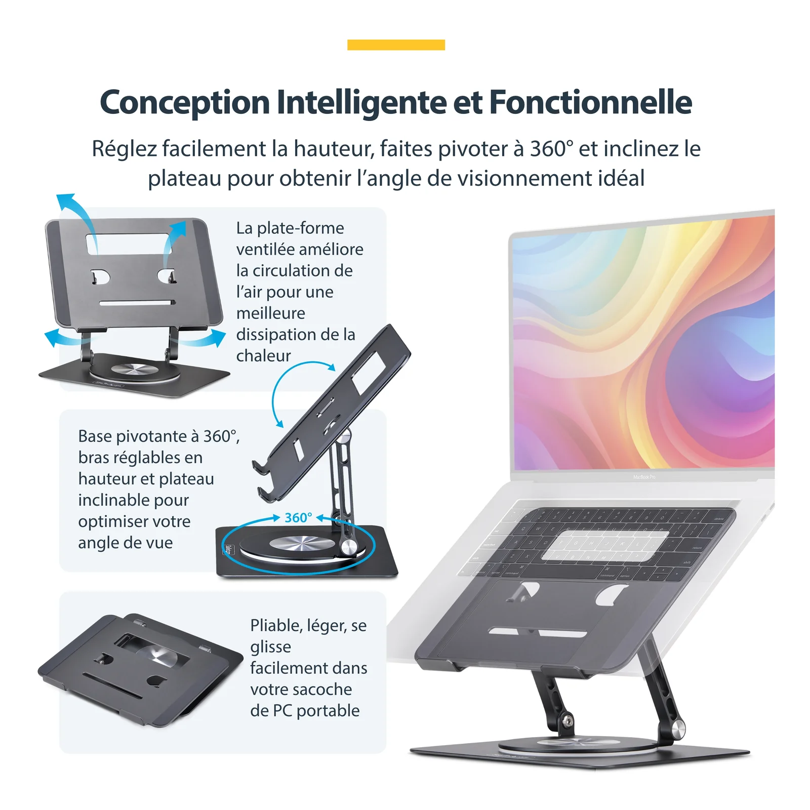 StarTech.com Support Rotatif pour PC Portable, Base Pivotante à 360&deg;, Support Rotatif pour Bureau, Hauteur et Inclinaison Réglables, Poids Max 5kg, Construction en Aluminium, Design Portable