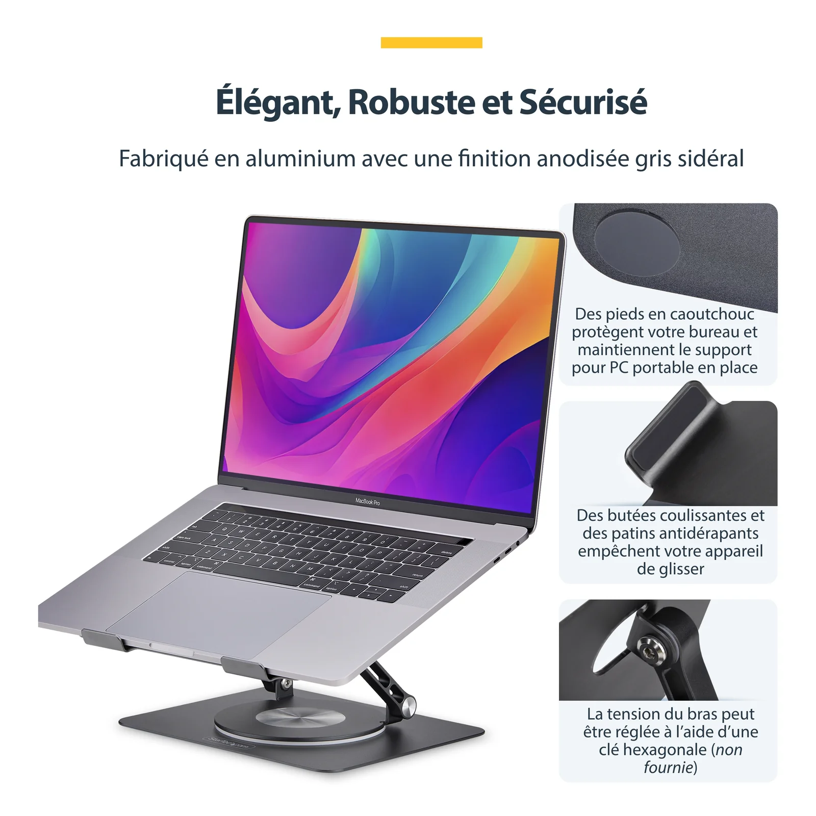 StarTech.com Support Rotatif pour PC Portable, Base Pivotante à 360&deg;, Support Rotatif pour Bureau, Hauteur et Inclinaison Réglables, Poids Max 5kg, Construction en Aluminium, Design Portable