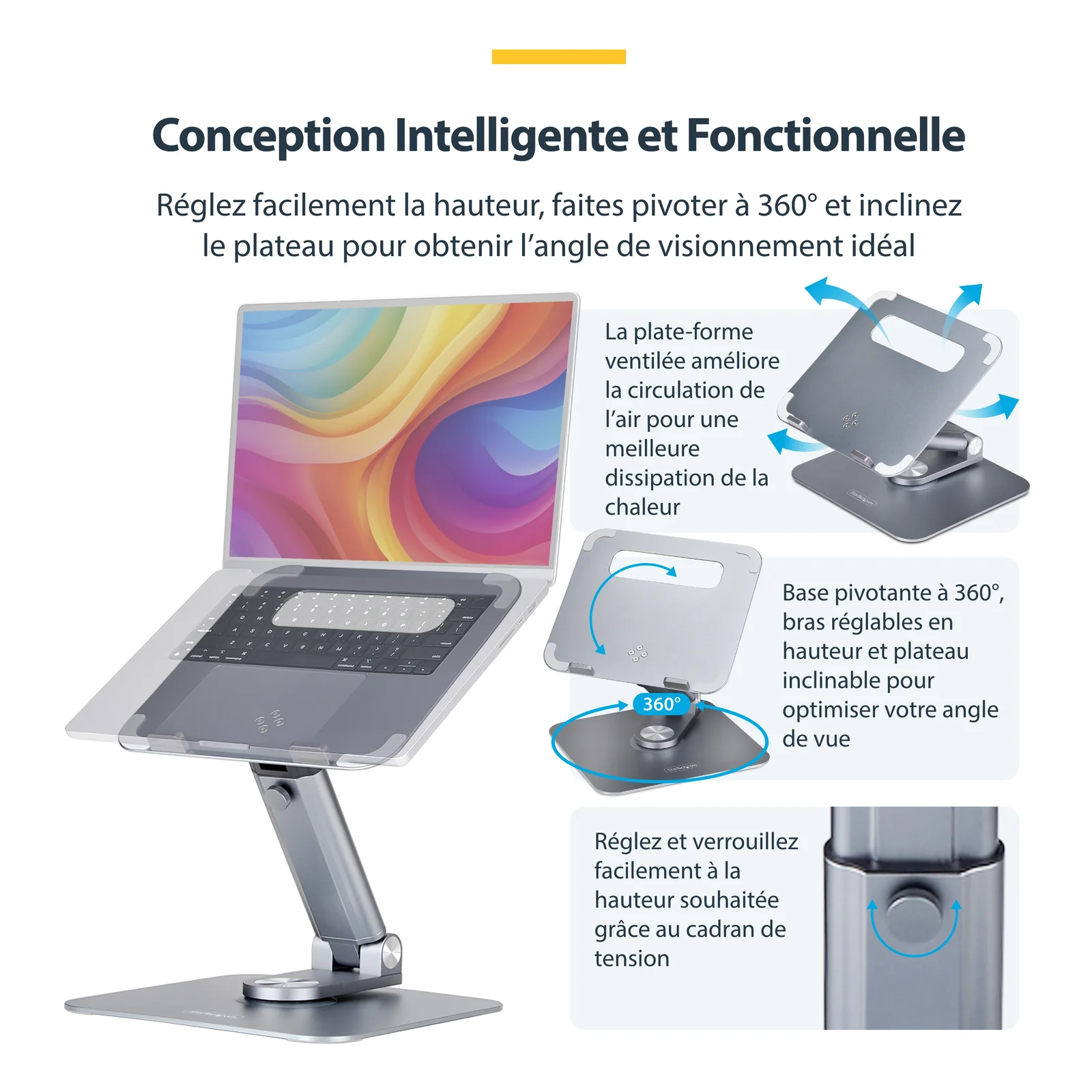 StarTech.com Support Télescopique pour PC Portable, Base Pivotante à 360&deg;, Support Rotatif pour Bureau, Hauteur et Inclinaison Réglables, Poids Max 5kg, Construction en Aluminium, Design Portable