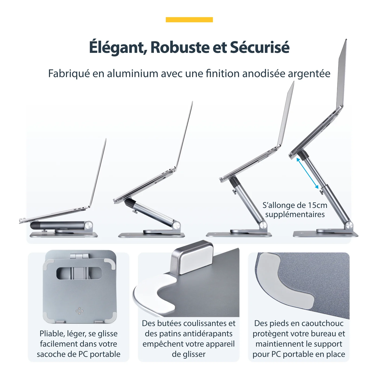 StarTech.com Support Télescopique pour PC Portable, Base Pivotante à 360&deg;, Support Rotatif pour Bureau, Hauteur et Inclinaison Réglables, Poids Max 5kg, Construction en Aluminium, Design Portable