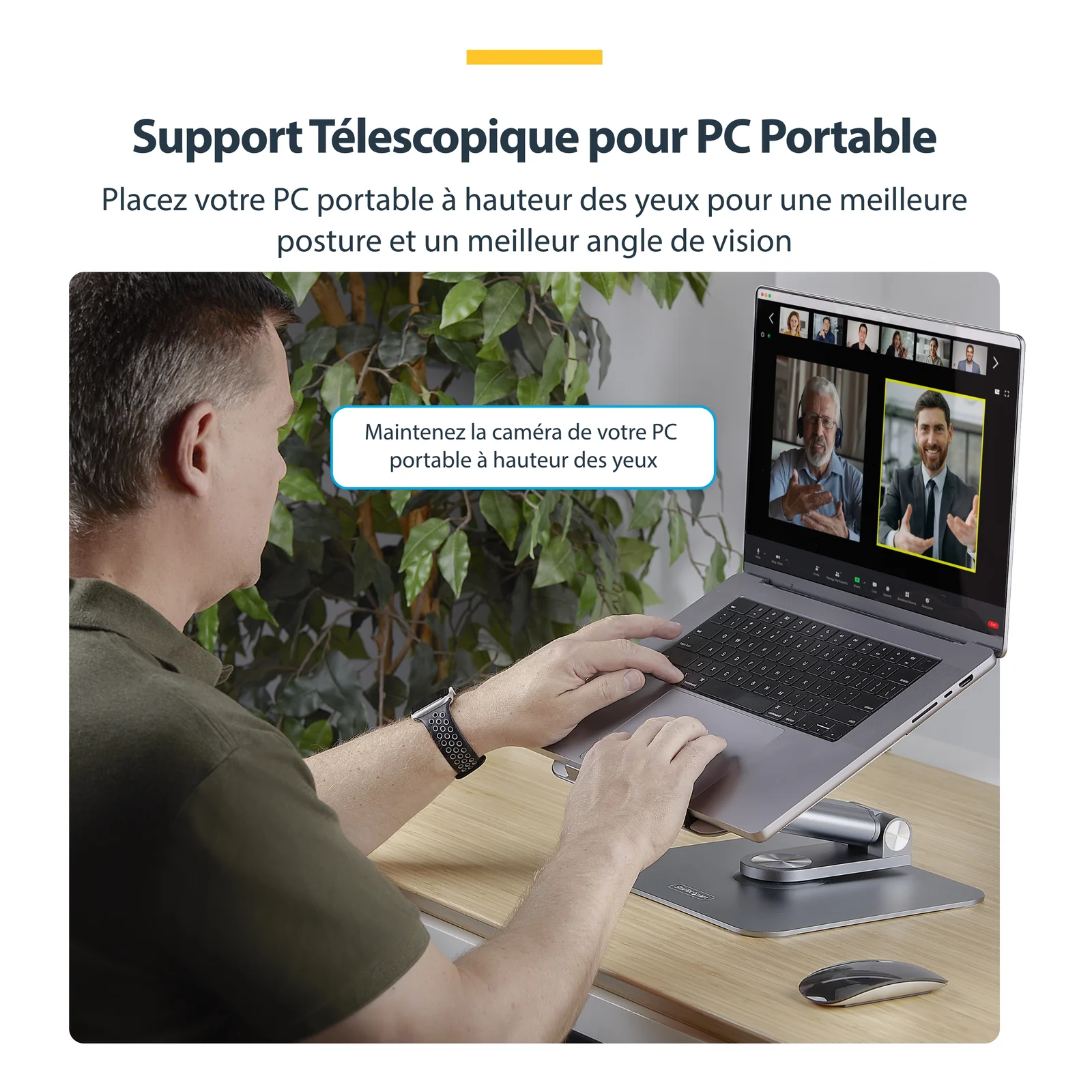StarTech.com Support Télescopique pour PC Portable, Base Pivotante à 360&deg;, Support Rotatif pour Bureau, Hauteur et Inclinaison Réglables, Poids Max 5kg, Construction en Aluminium, Design Portable