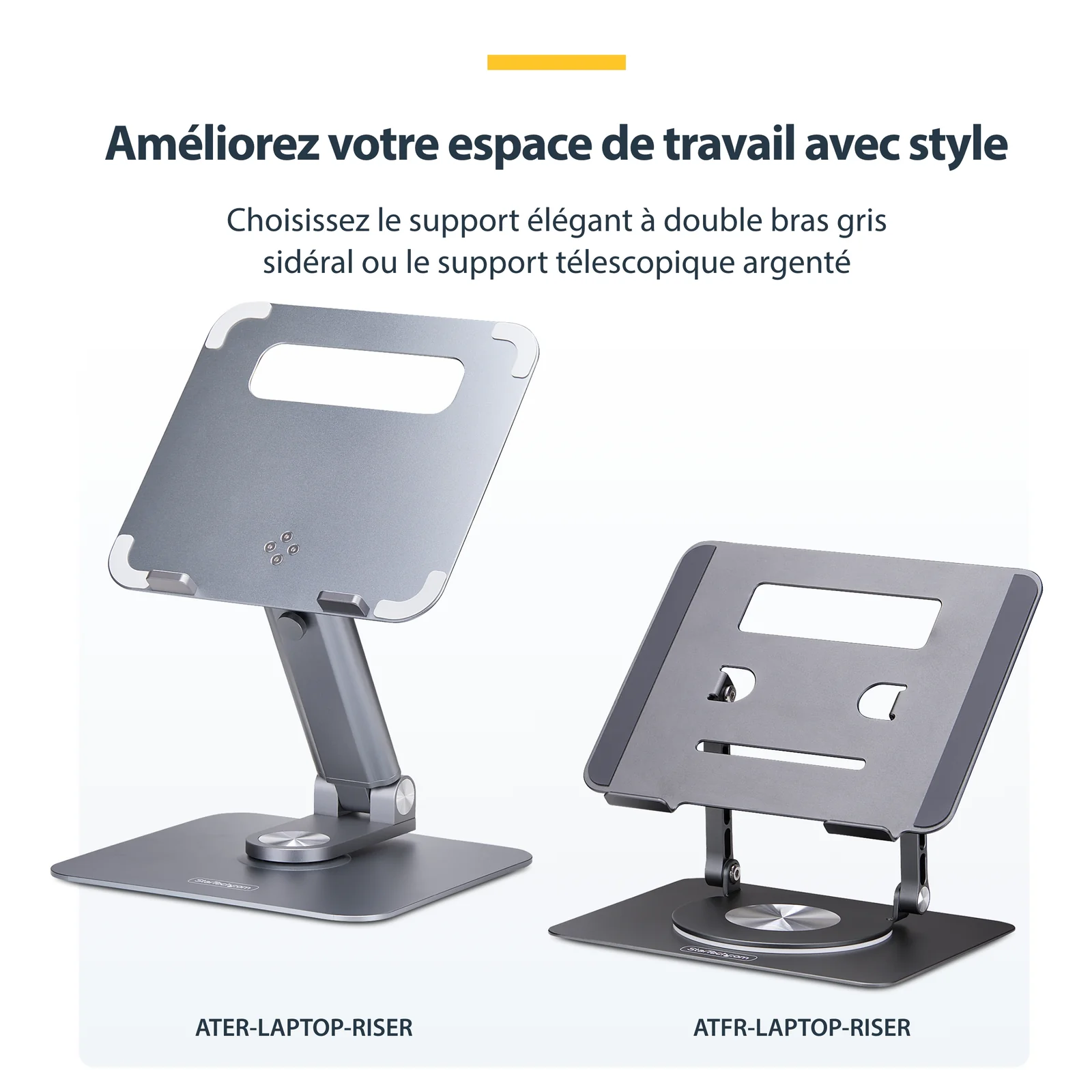 StarTech.com Support Télescopique pour PC Portable, Base Pivotante à 360&deg;, Support Rotatif pour Bureau, Hauteur et Inclinaison Réglables, Poids Max 5kg, Construction en Aluminium, Design Portable