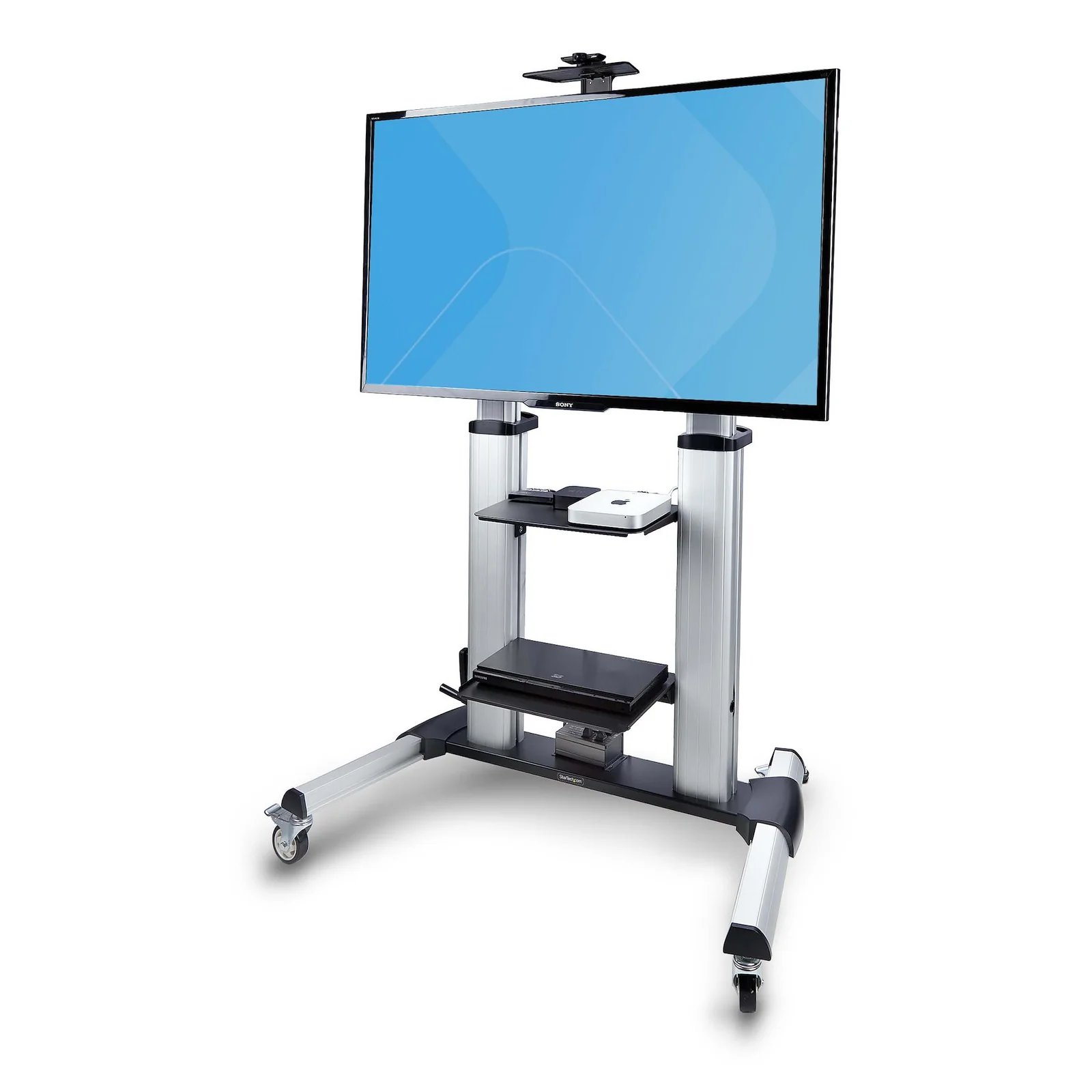StarTech.com Support TV à Roulettes pour Écrans Plats de 60 à 100 pouces jusqu'à 100 kg, Réglage en Hauteur par Manivelle, Support/Chariot Télé Mobile