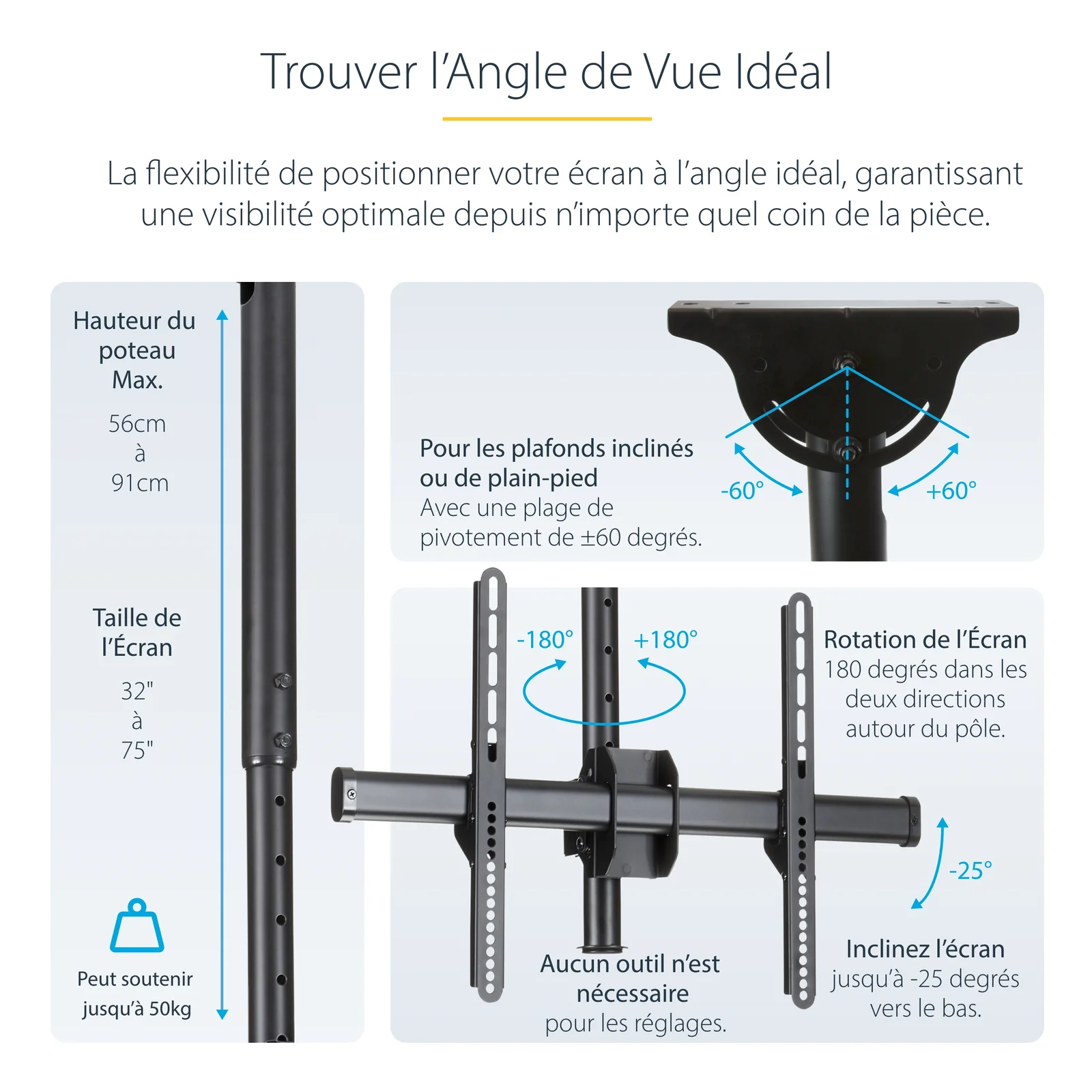 StarTech.com Support TV au Plafond - Support Universel pour Écran Unique avec Mât Court Télescopique Réglable - Inclinable/Pivotant - Support VESA pour Écrans 32"-75"