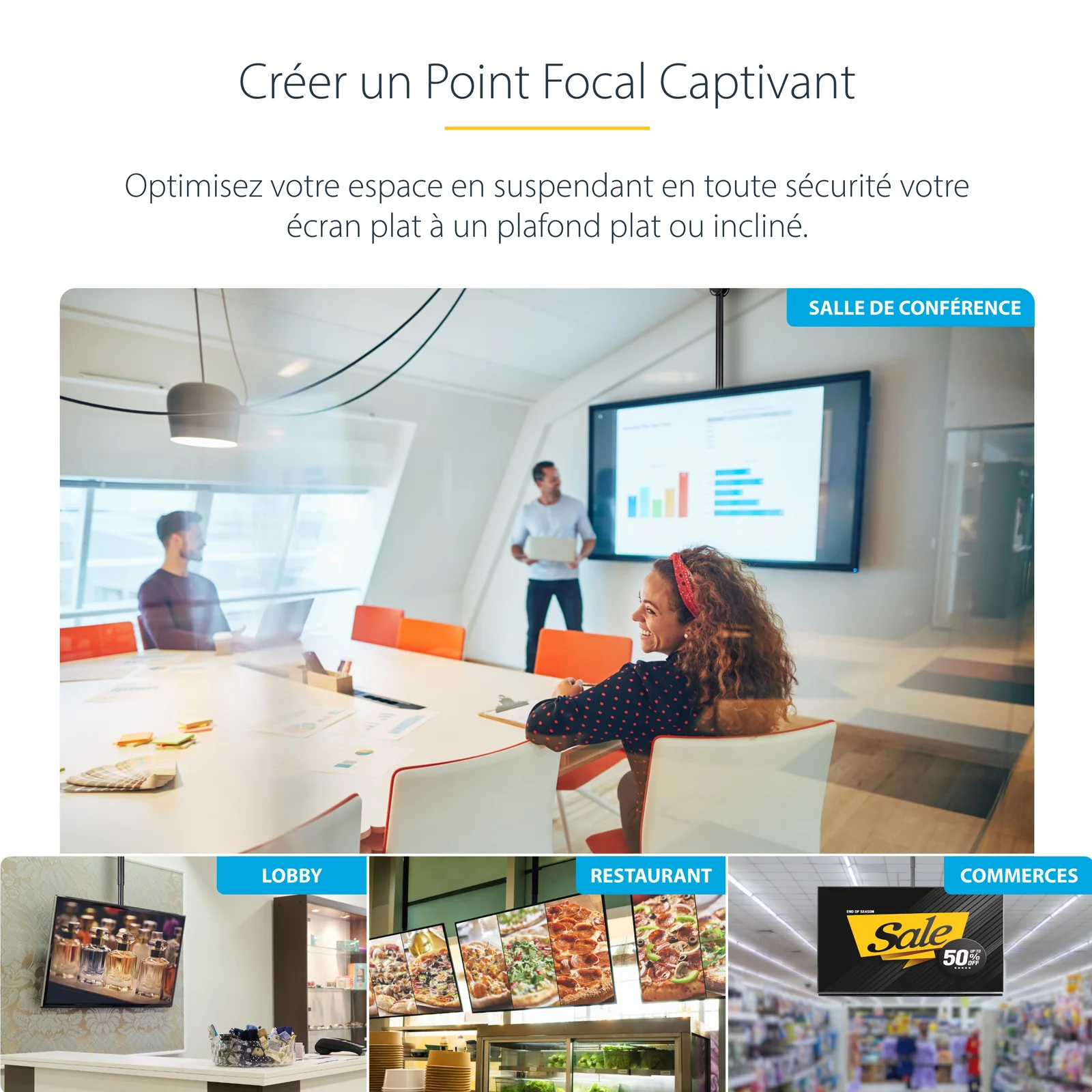 StarTech.com Support TV au Plafond - Support Universel pour Écran Unique avec Mât Court Télescopique Réglable - Inclinable/Pivotant - Support VESA pour Écrans 32"-75"